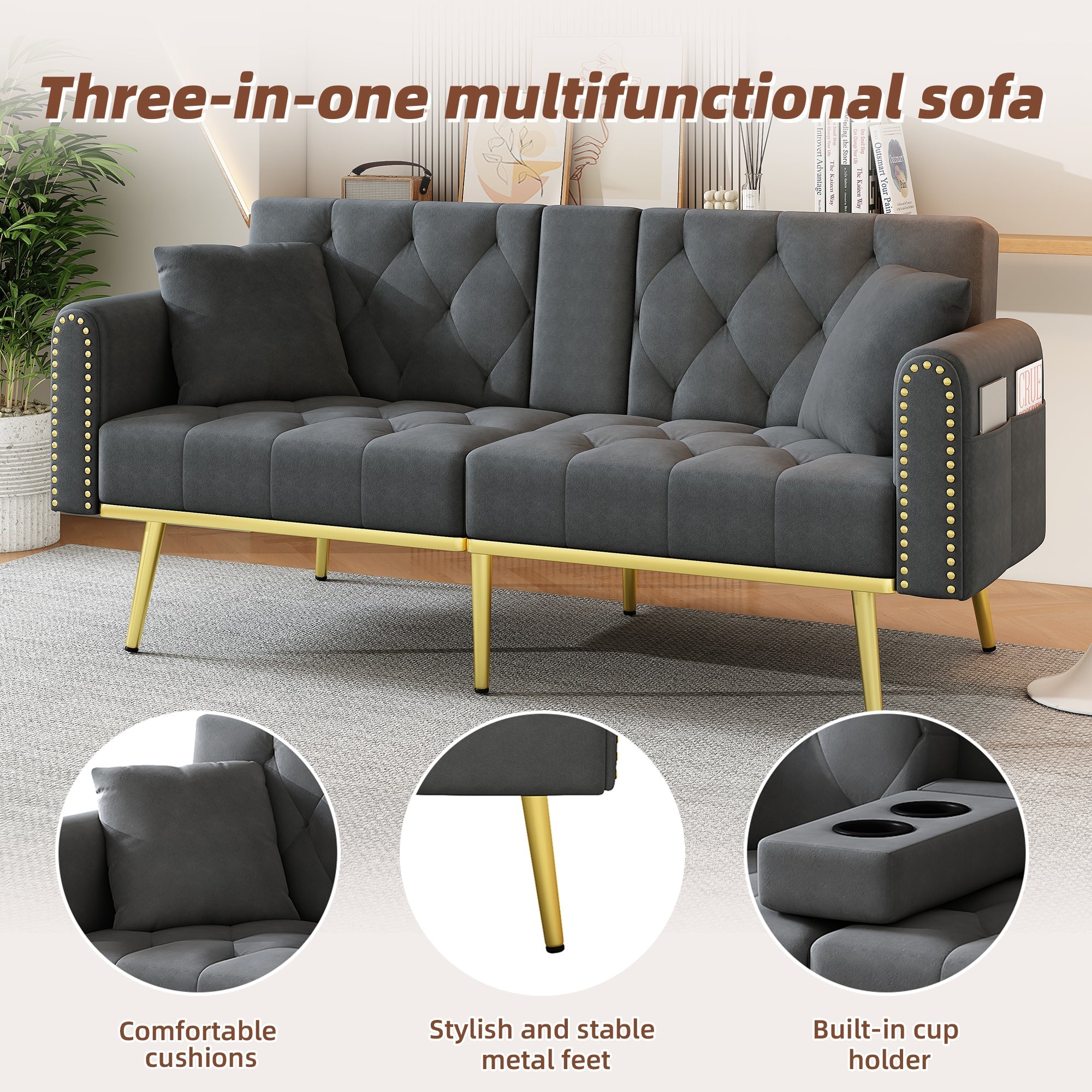 Double Fold-Out Sofa Bed Reclining 3-Position with Cup Holders Fabric Gray