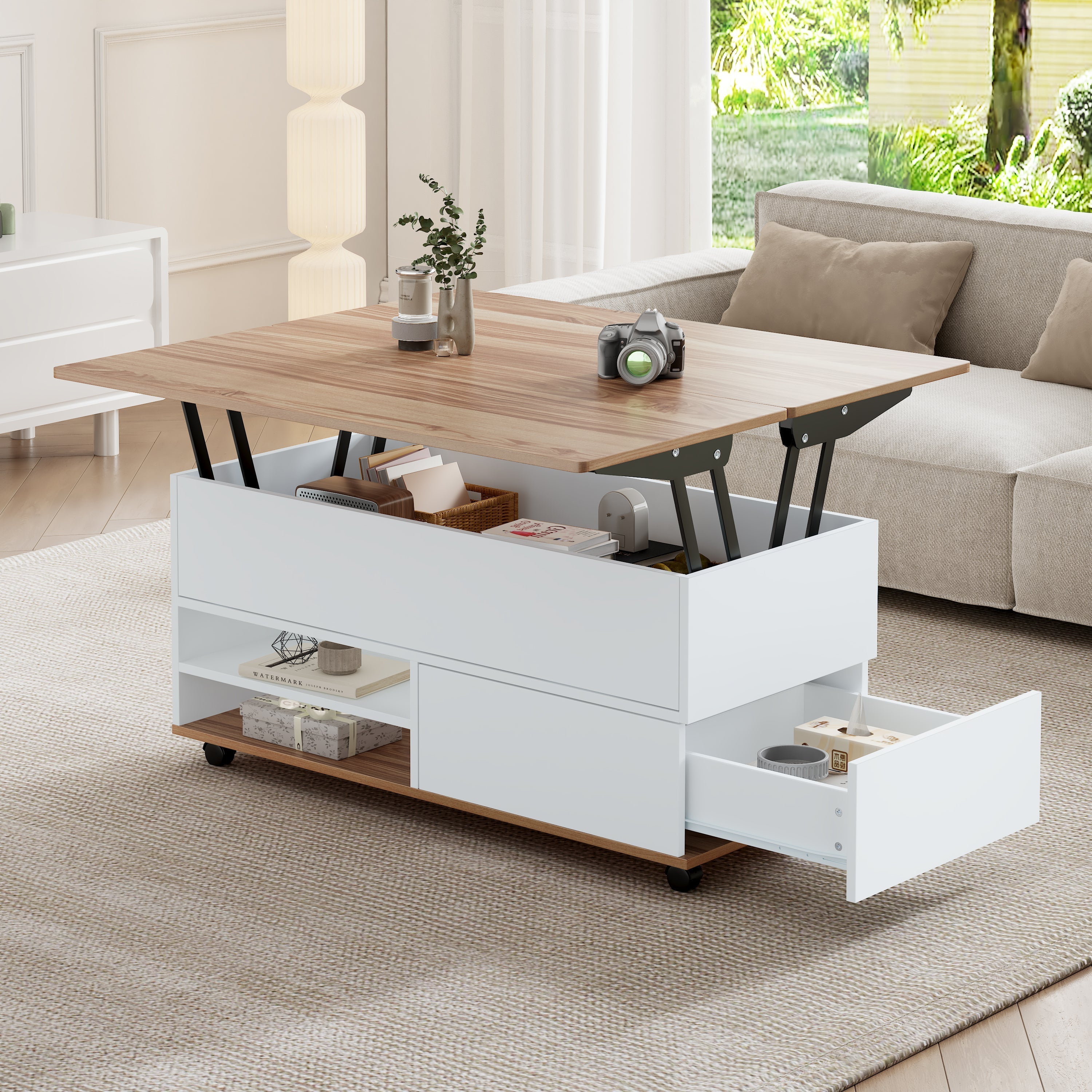Coffee Table, Height-Adjustable with Hidden Storage and Wheels, White + Natural Wood