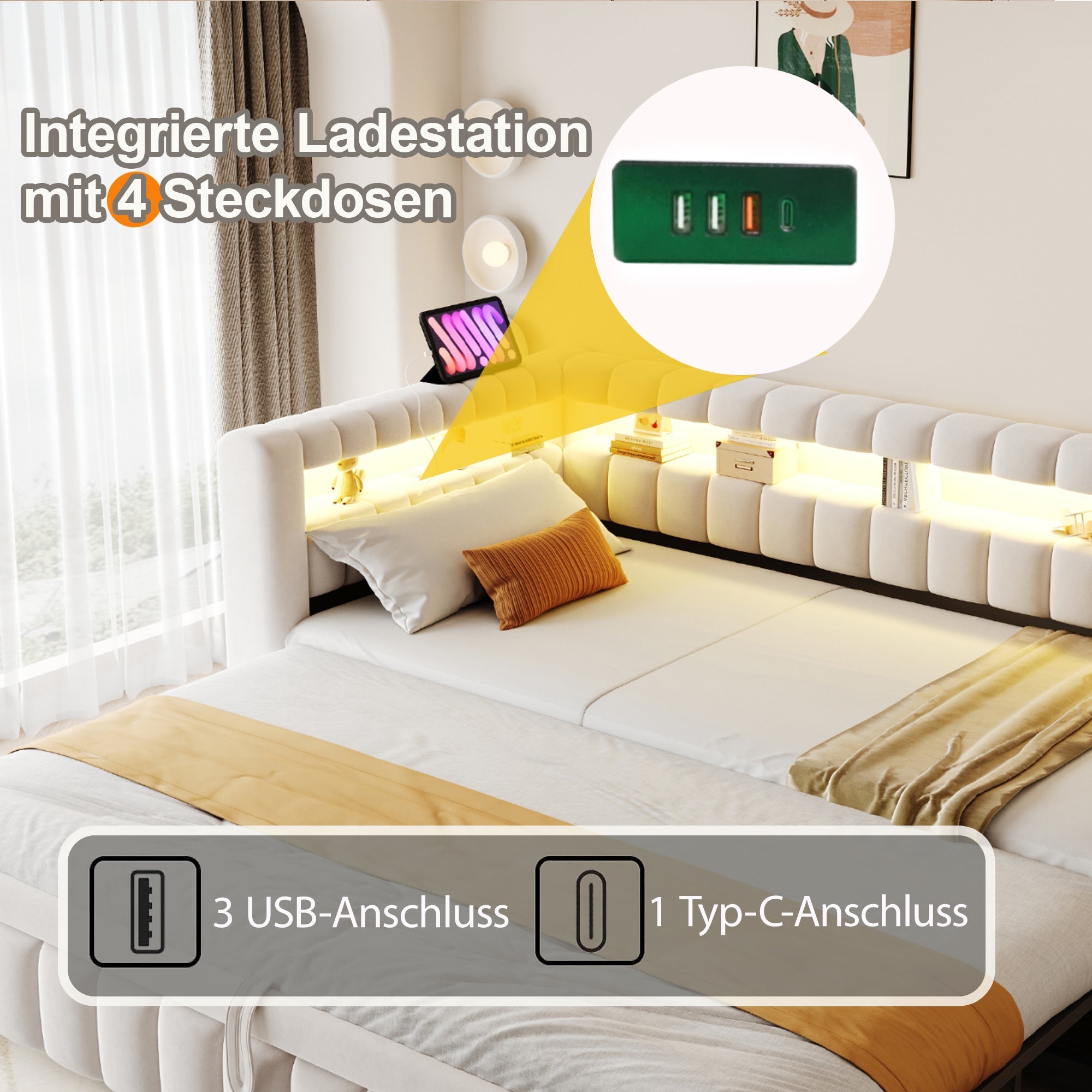 Upholstered Extendable Sofa Bed with LED and USB Port, 90x200cm, Beige Velvet
