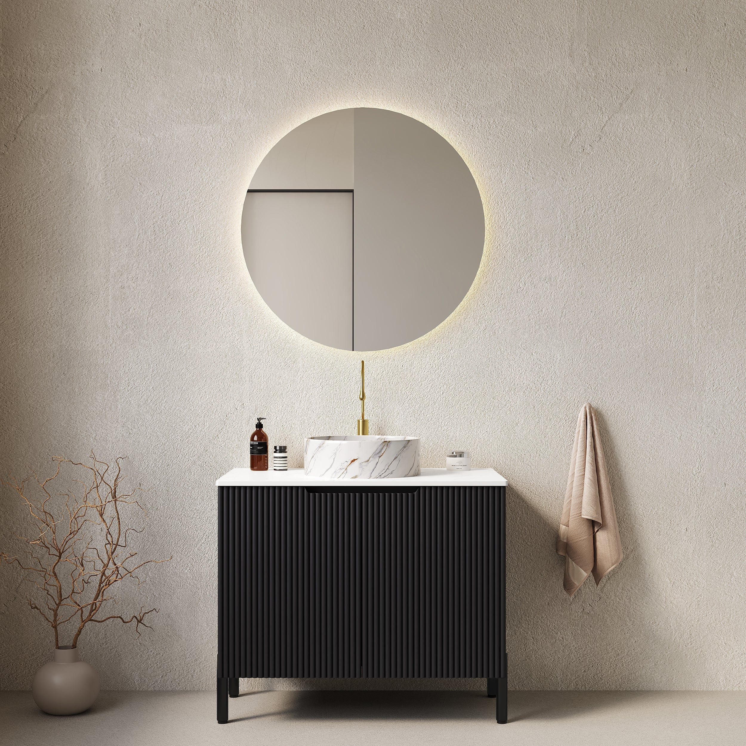 TURIO 76cm Freestanding Bathroom Vanity Unit with White Ceramic Basin and Double Doors, Black Finish