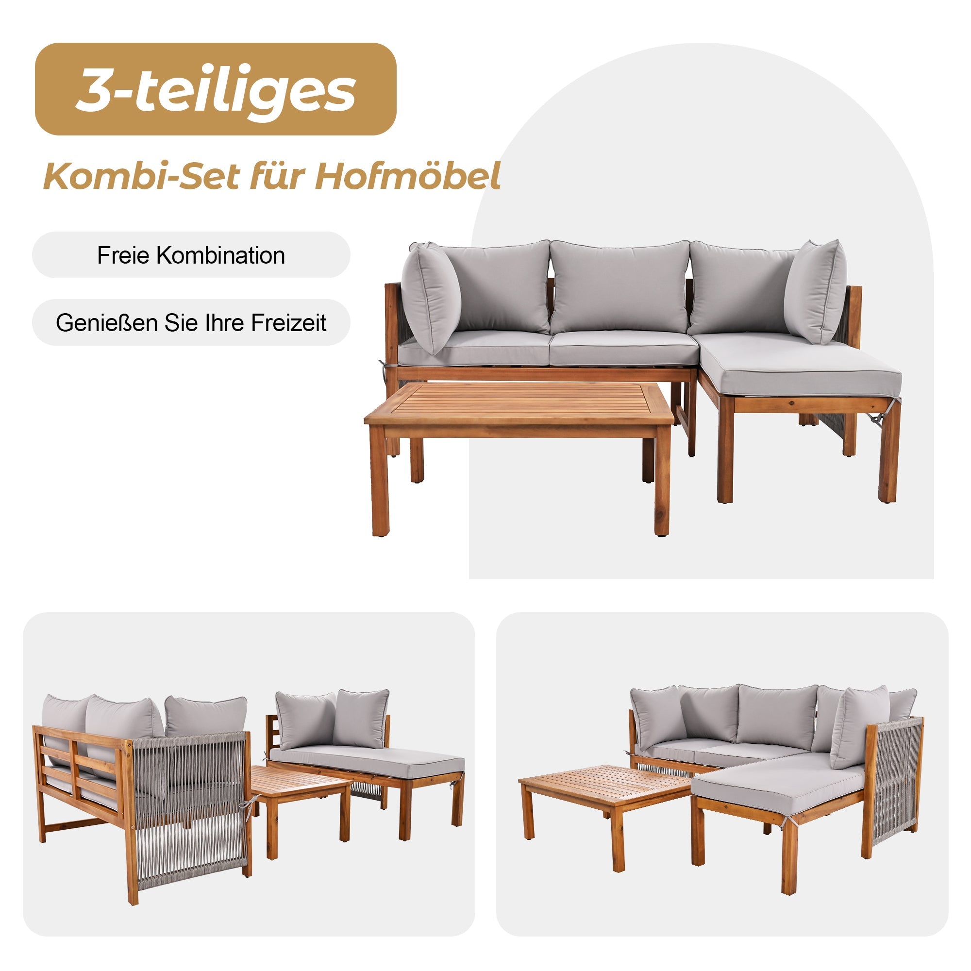 Garden Lounge Chair Set (3-Piece), L-Shaped with Adjustable Legs, Acacia and Grey Rope