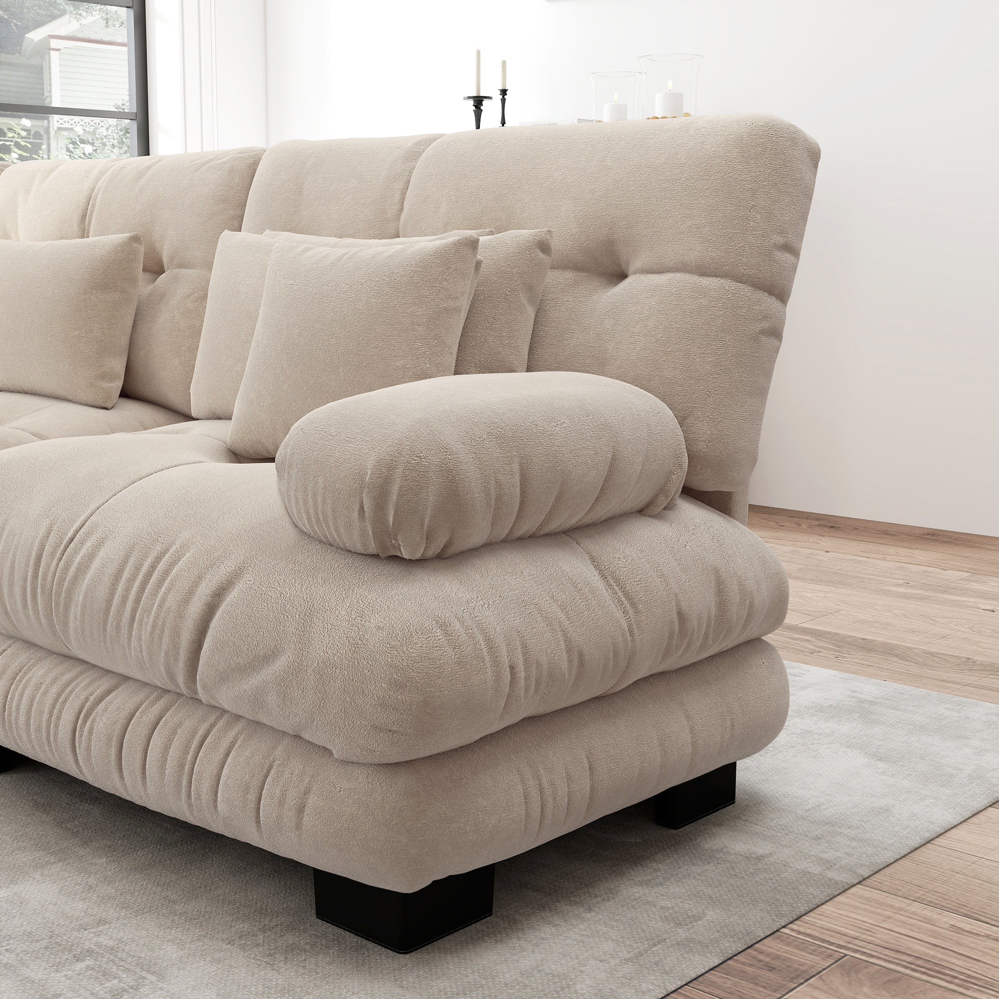 Cloud Corner Sofa, Double with Lumbar & Decorative Pillows, Ottomans, Chenille Light Brown