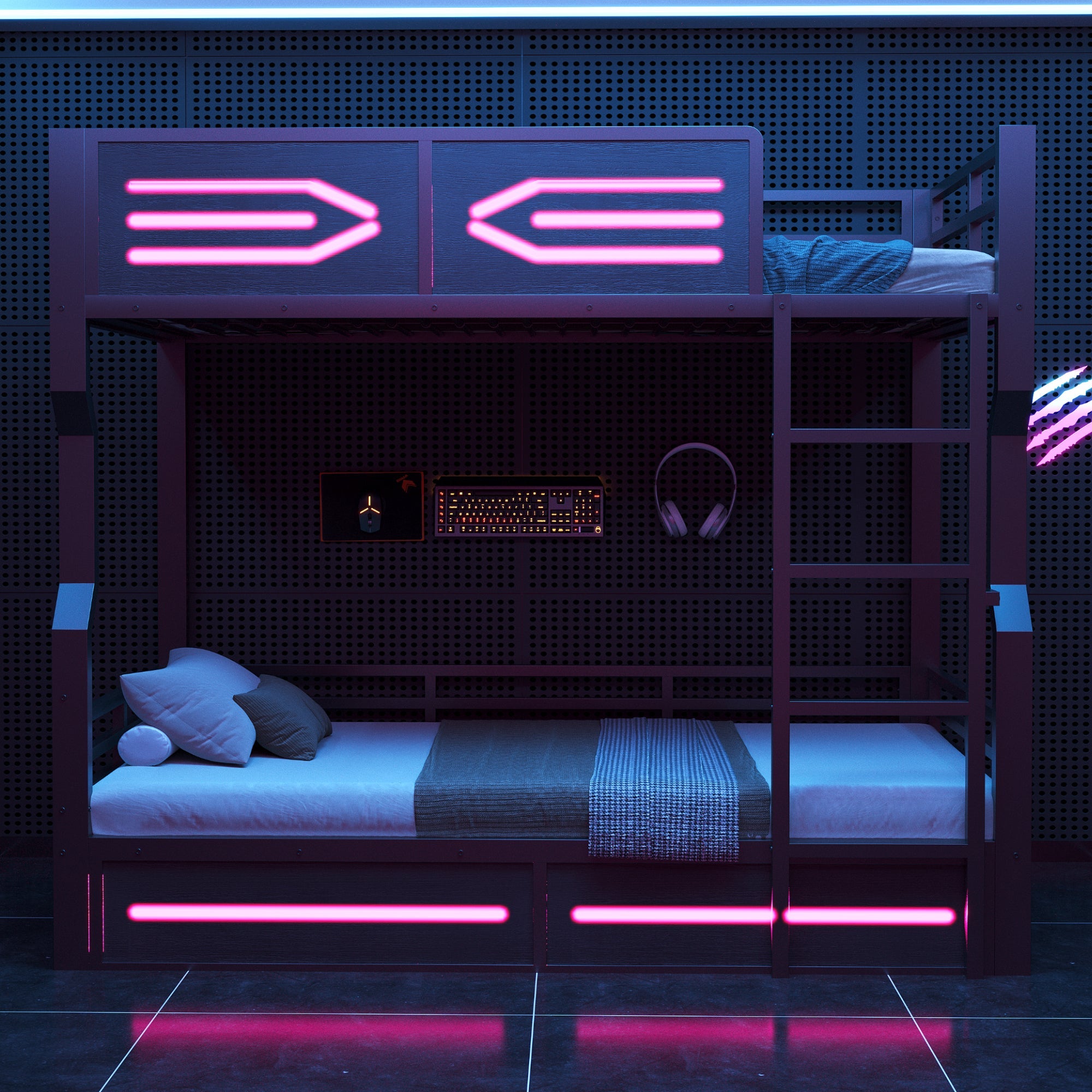 Iron Bunk Bed with LED Lighting and High Side Rails, 90x200cm, Black Iron