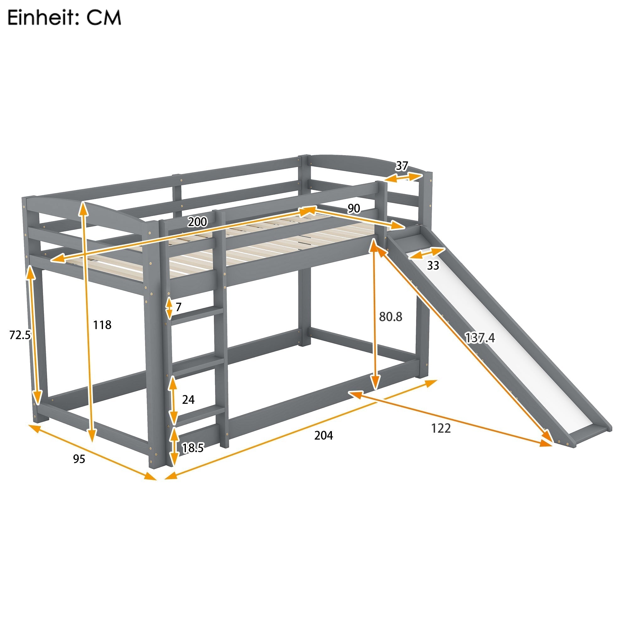 Bunk Bed 90x200cm with Slide Solid Wood Frame - Grey