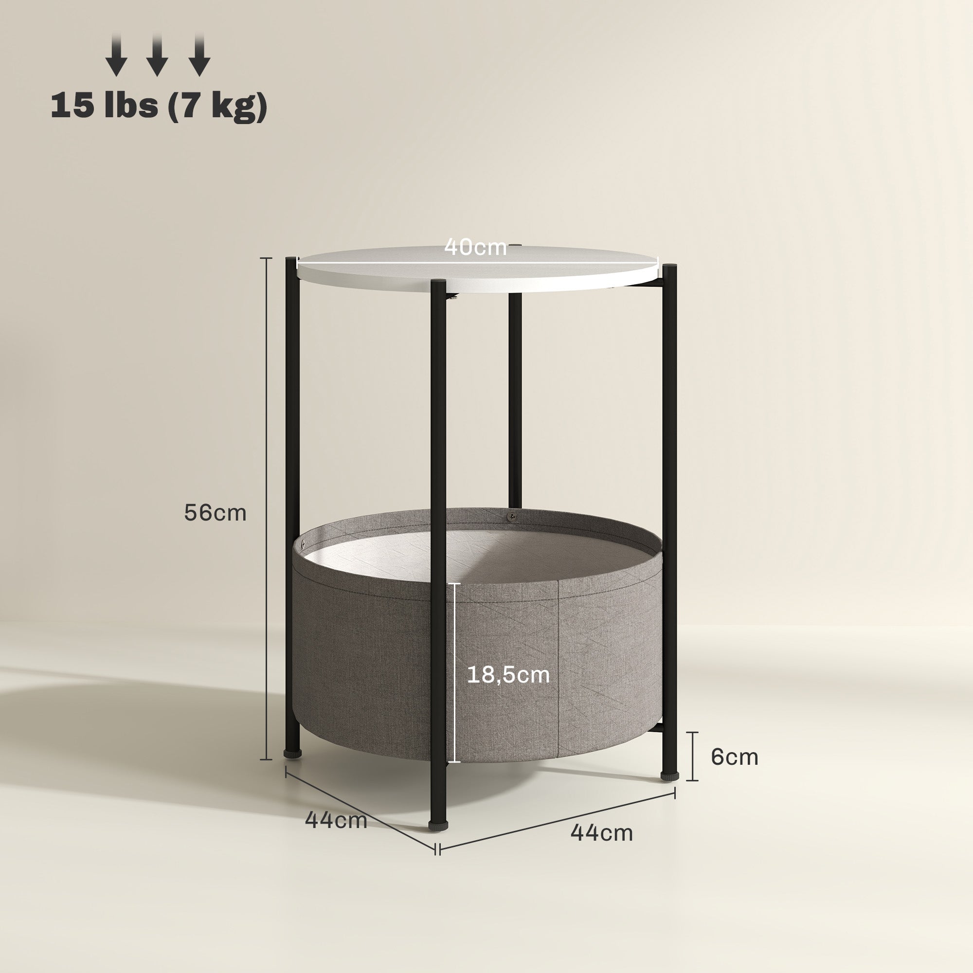 Beistelltisch, runder Couchtisch mit Stauraum, Stahl, Grau+Weiß
