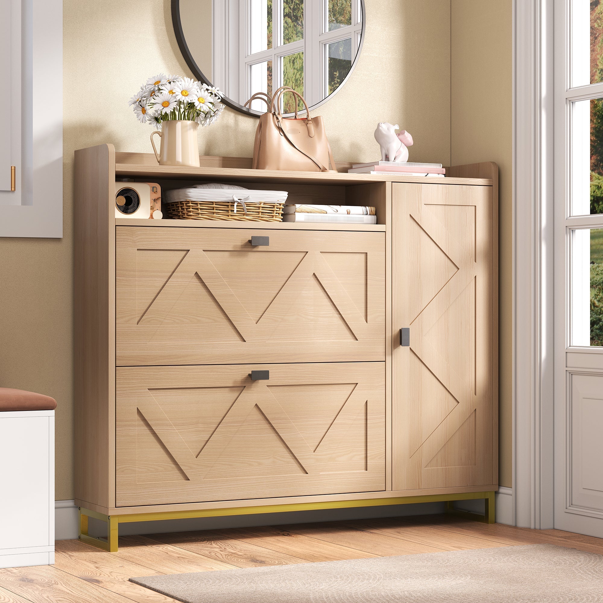 Shoe Cabinet with Double Hinged Lid, Side Cabinet and Geometric Doors, Metal Frame