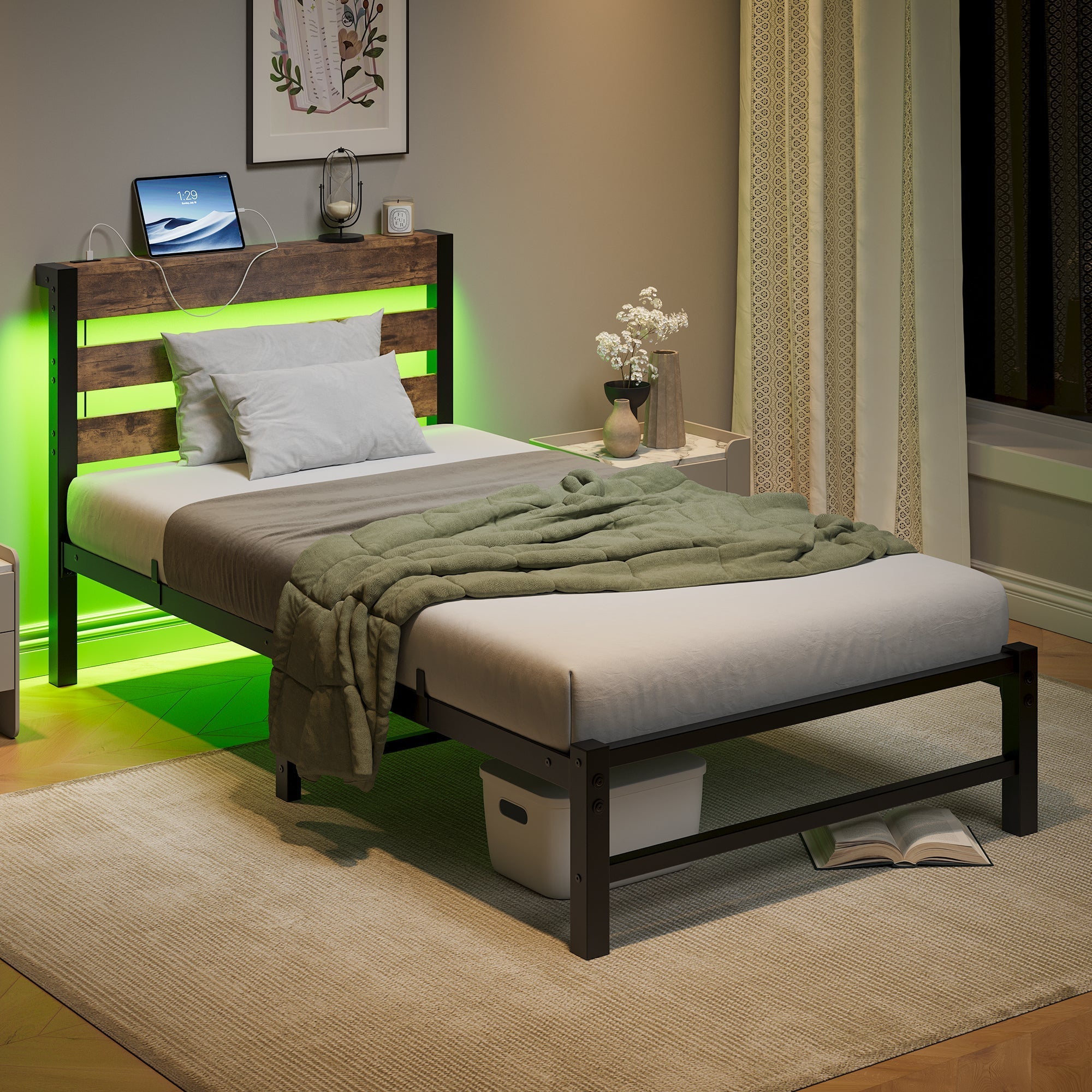 90x200 Bed Frame LED USB Charging Storage - Metal