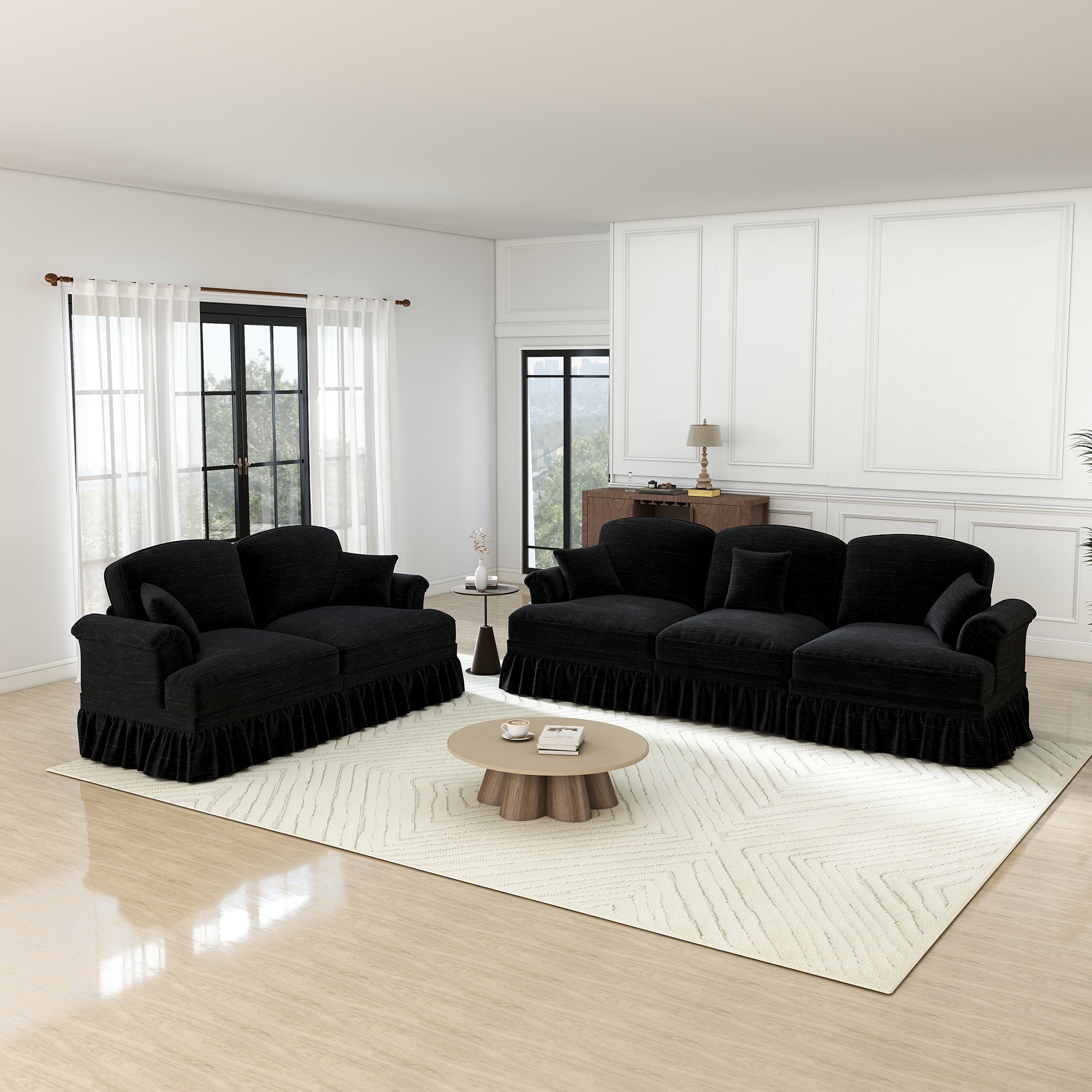 Classic 2-piece Sofa Set Modular 3-Seater & Loveseat Ruffled Apron - Chenille Black