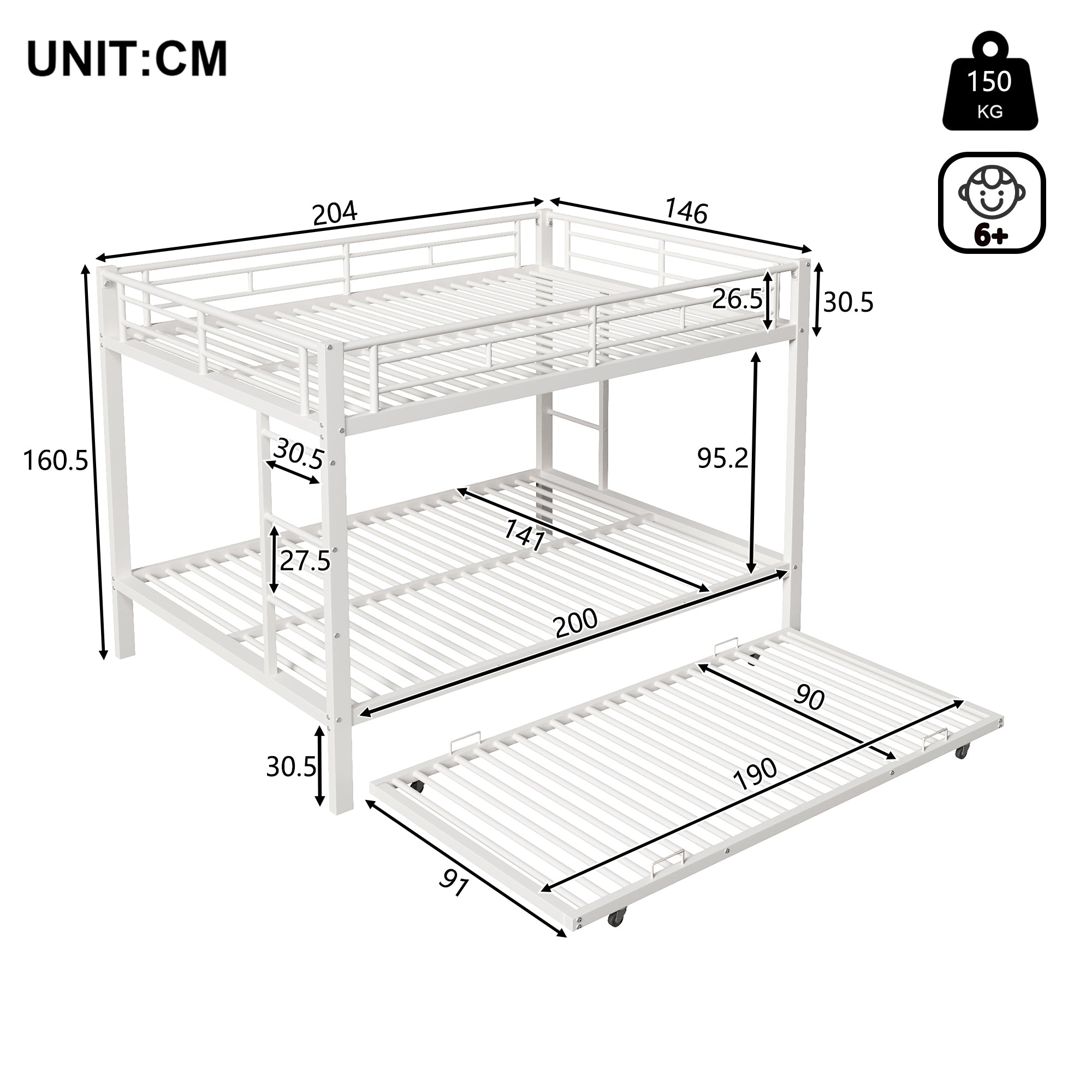 Bunk Bed with Pull-Out Bed and High Railings, 140x200cm Iron Frame, White