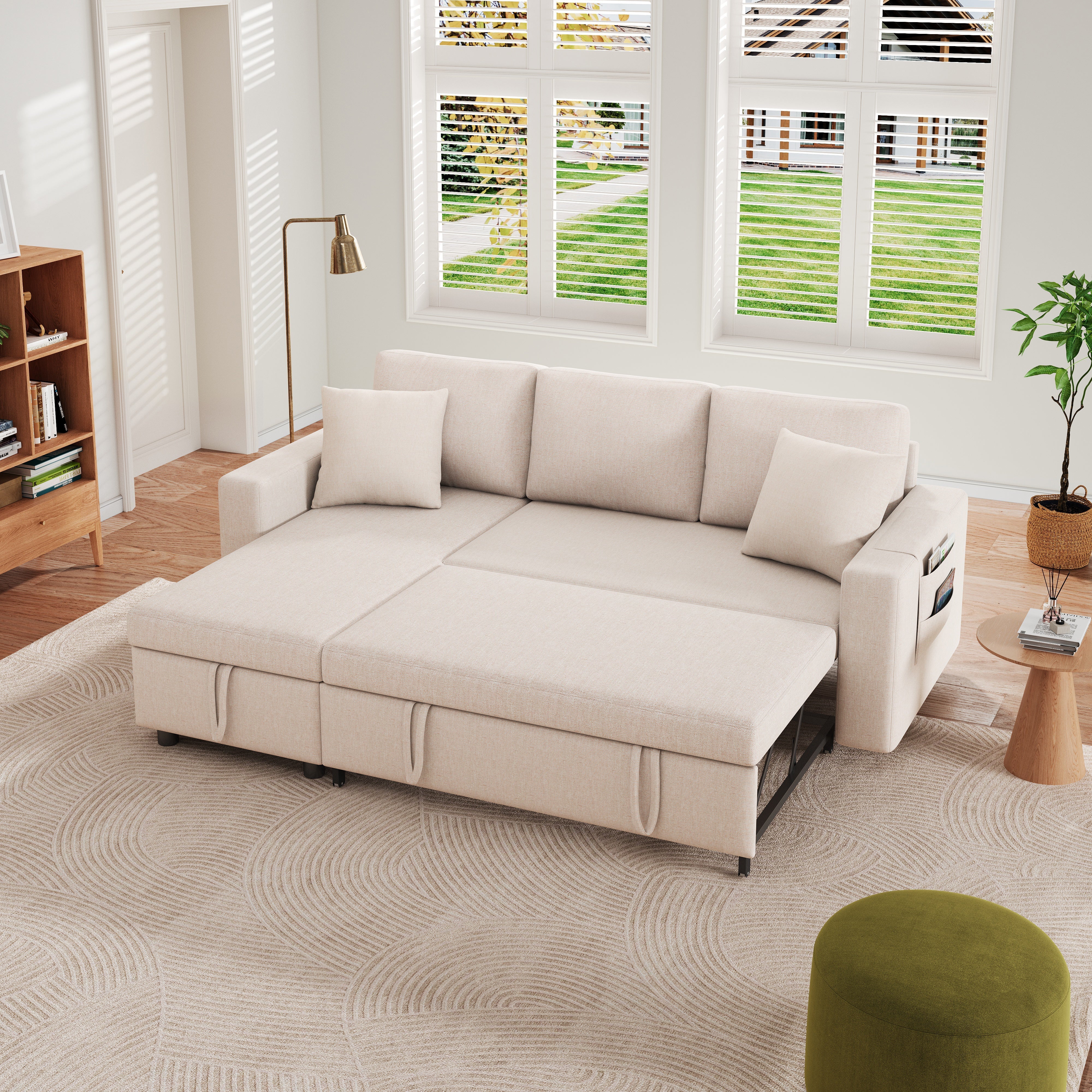 Sofa Bed L-Shaped Chaise Storage Reversible Beige