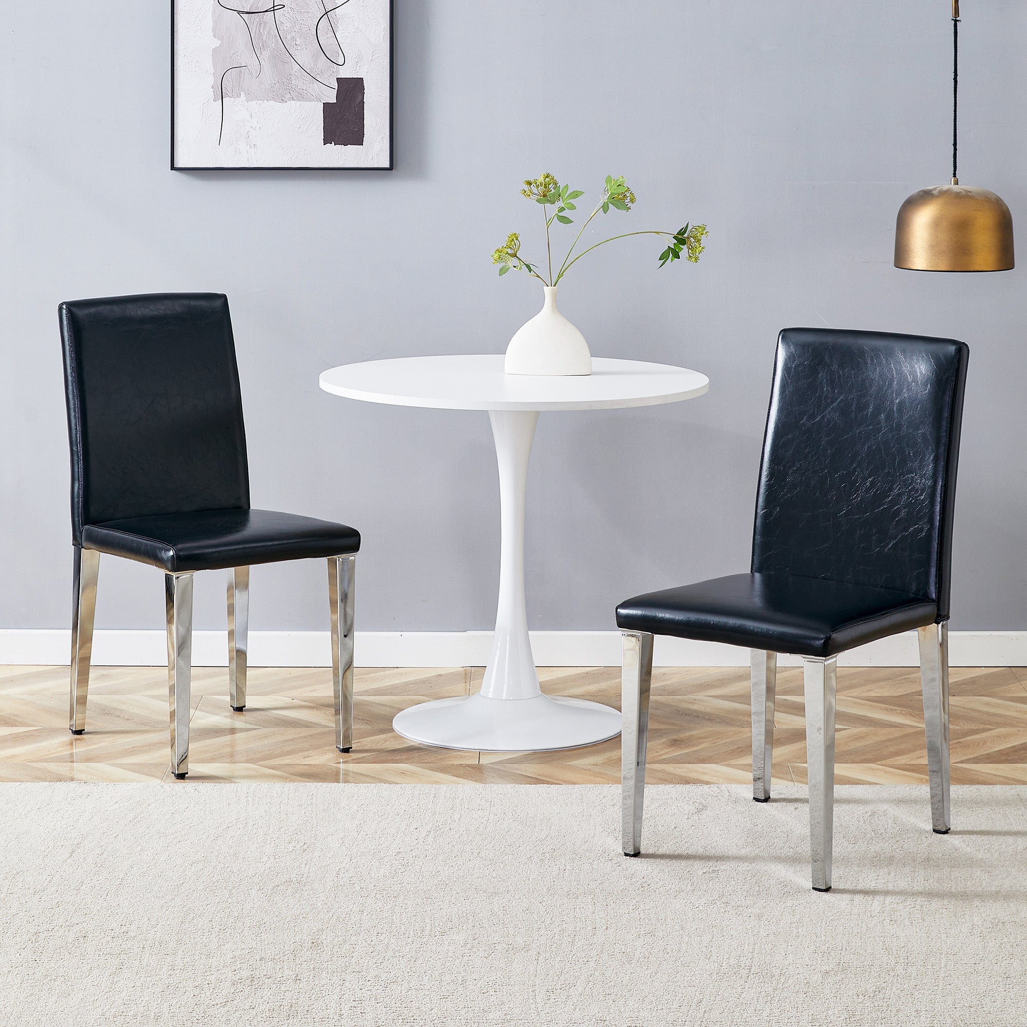 Minimalist Dining Chairs Set of 2, Ergonomic PU Leather and Metal, Black and Silver