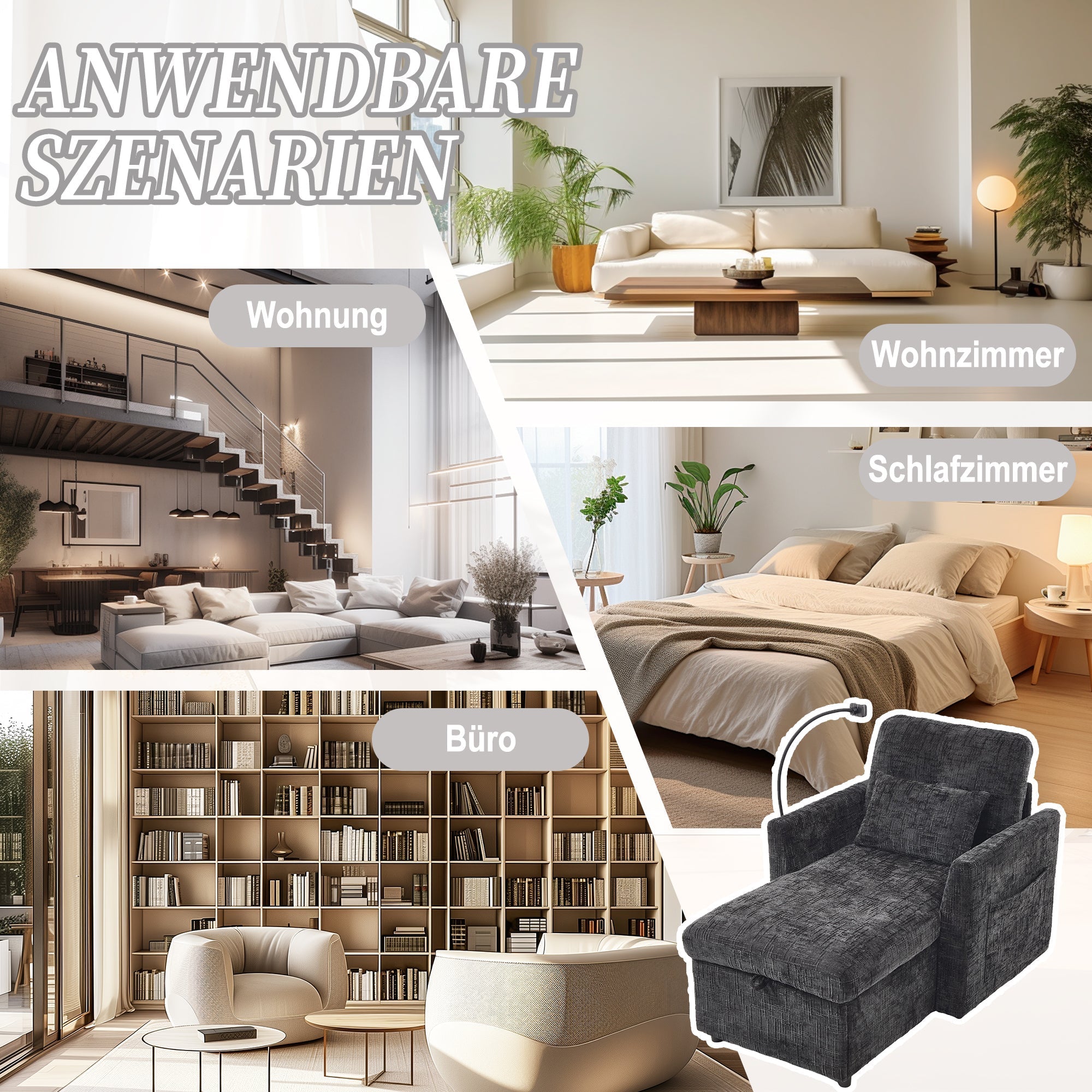 Lazy Sofa, Multifunctional with Phone Holder & Stowable Backrest, Chenille