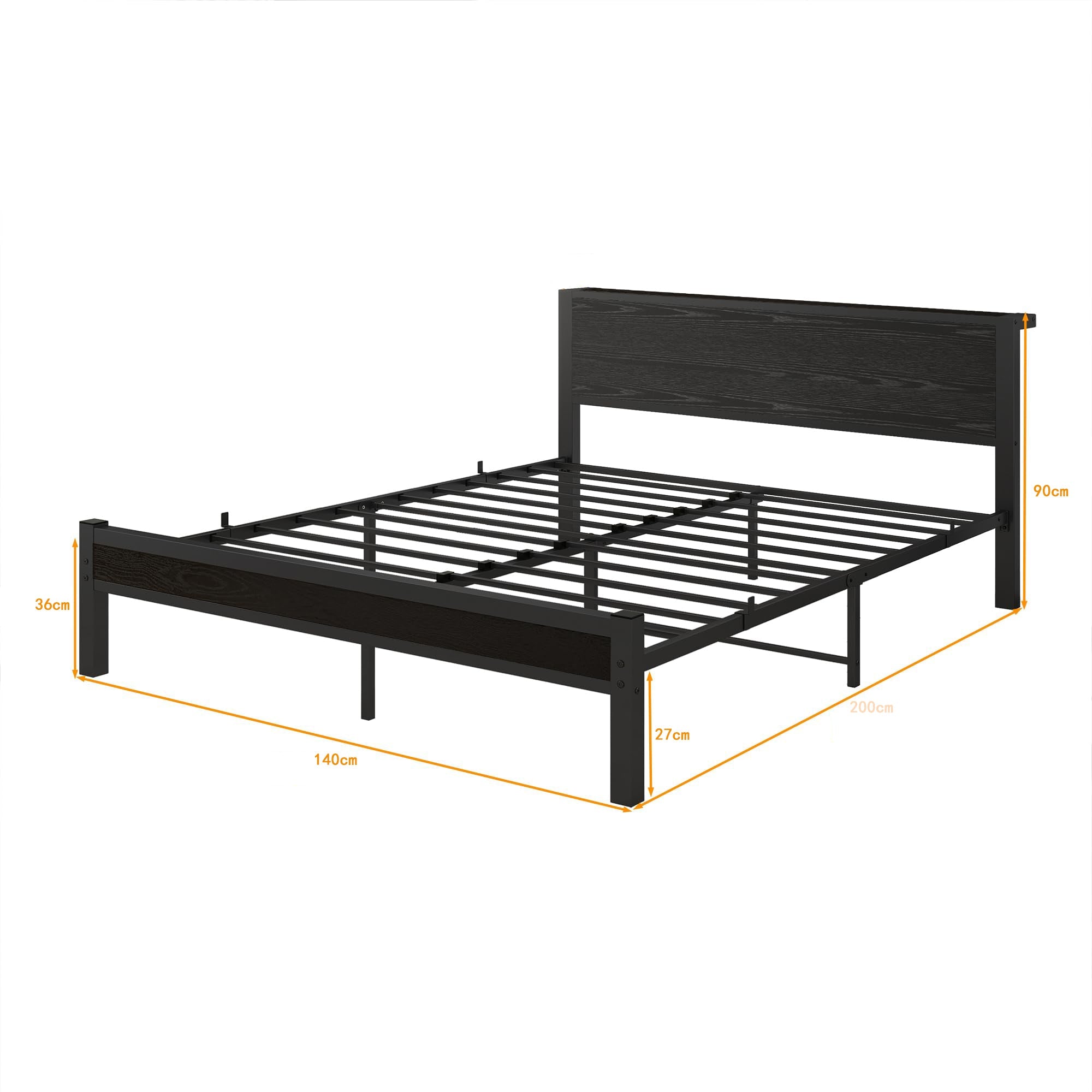 Metal Bed Frame 140x200cm Storage Headboard Noiseless - Black