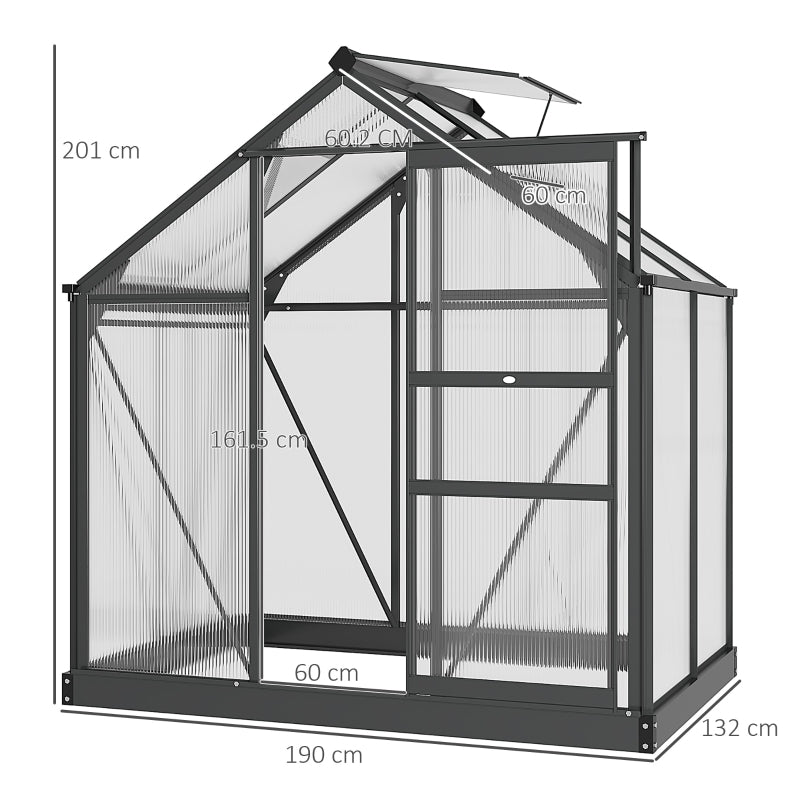6x4ft Greenhouse, Polycarbonate Walk-In with Sliding Door & Aluminium Frame, Grey