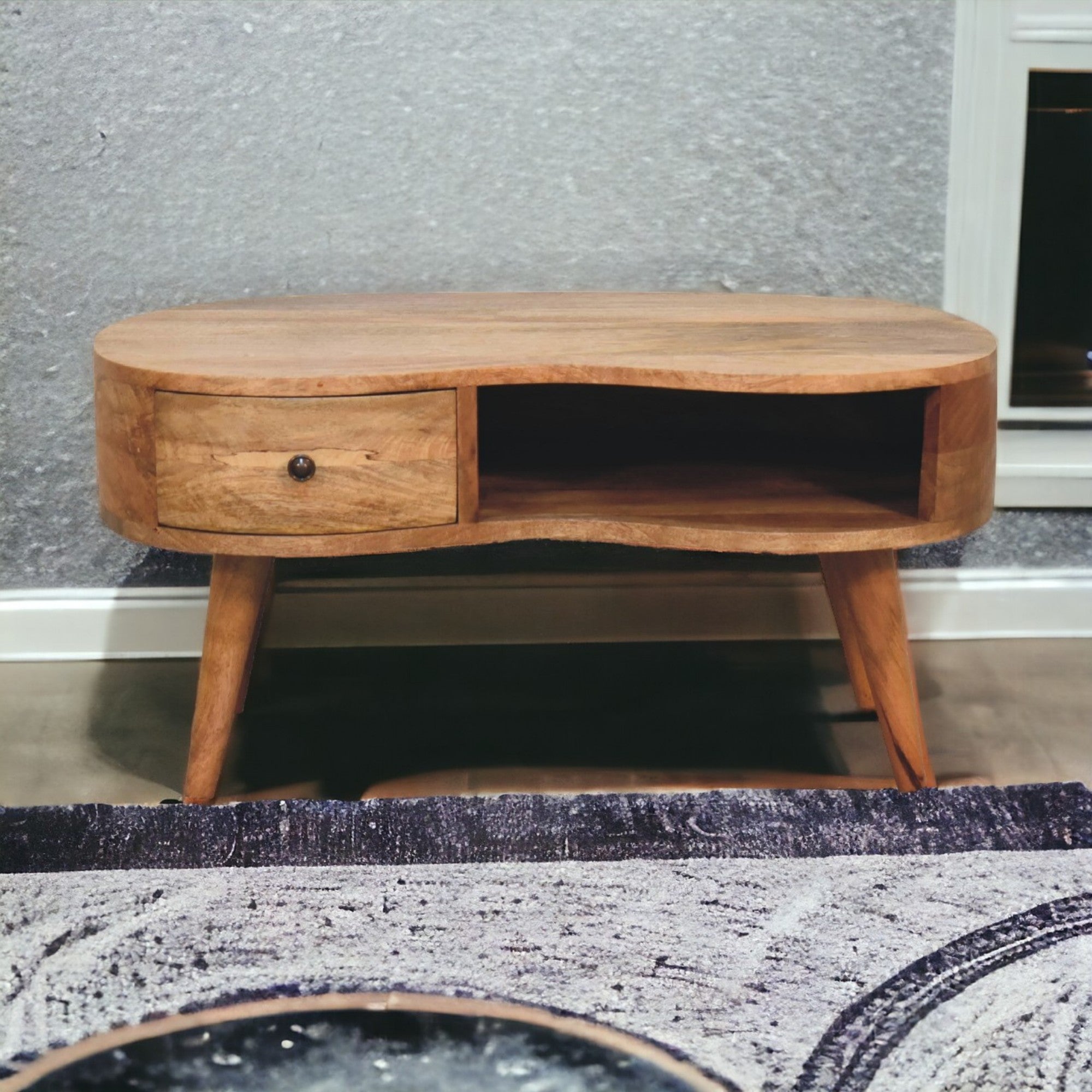 Solid Wood Wave Coffee Table, 1 Drawer Open Slot, Beige