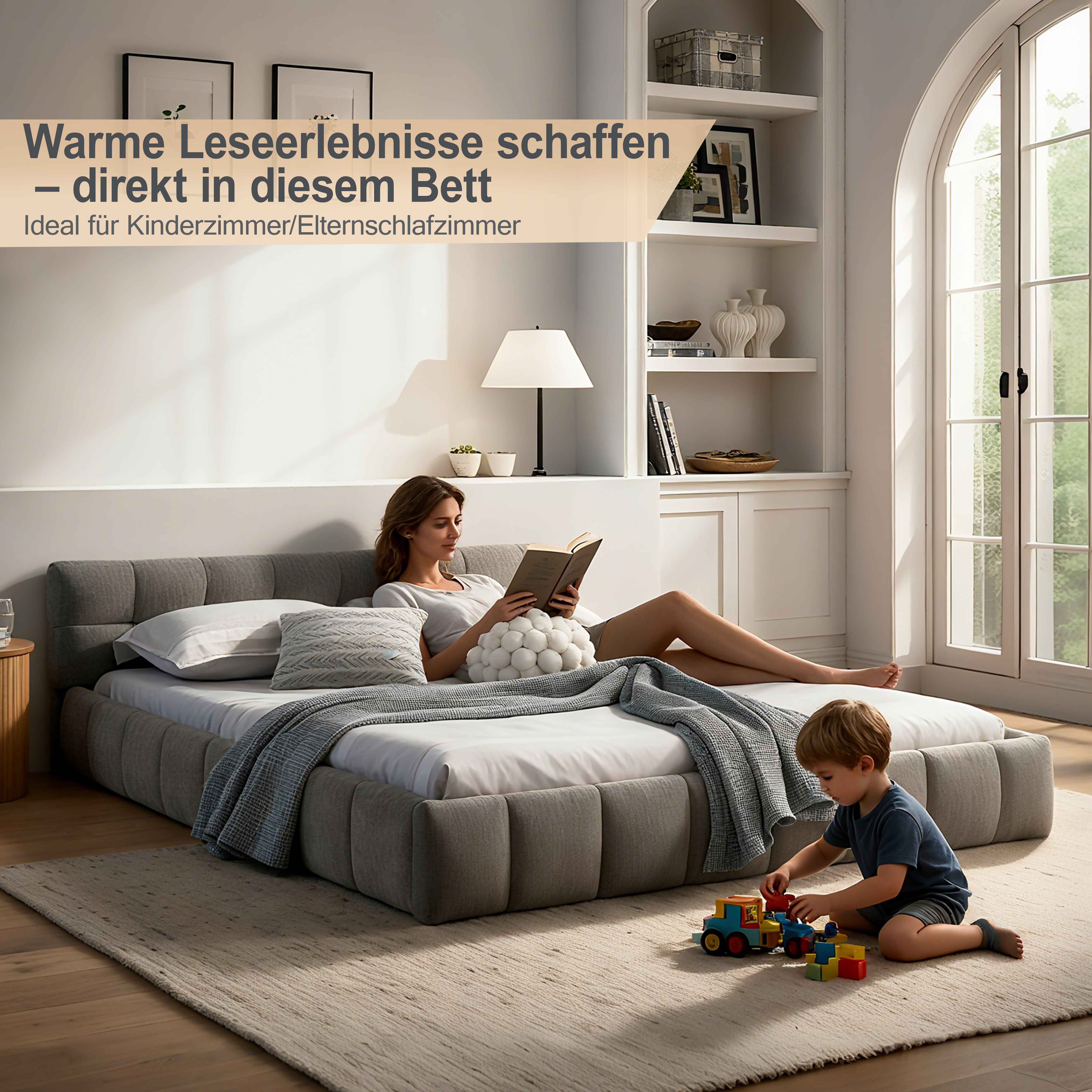 Double Bed 160x200cm Chenille Quilted Eucalyptus Wood Frame, Dark Grey