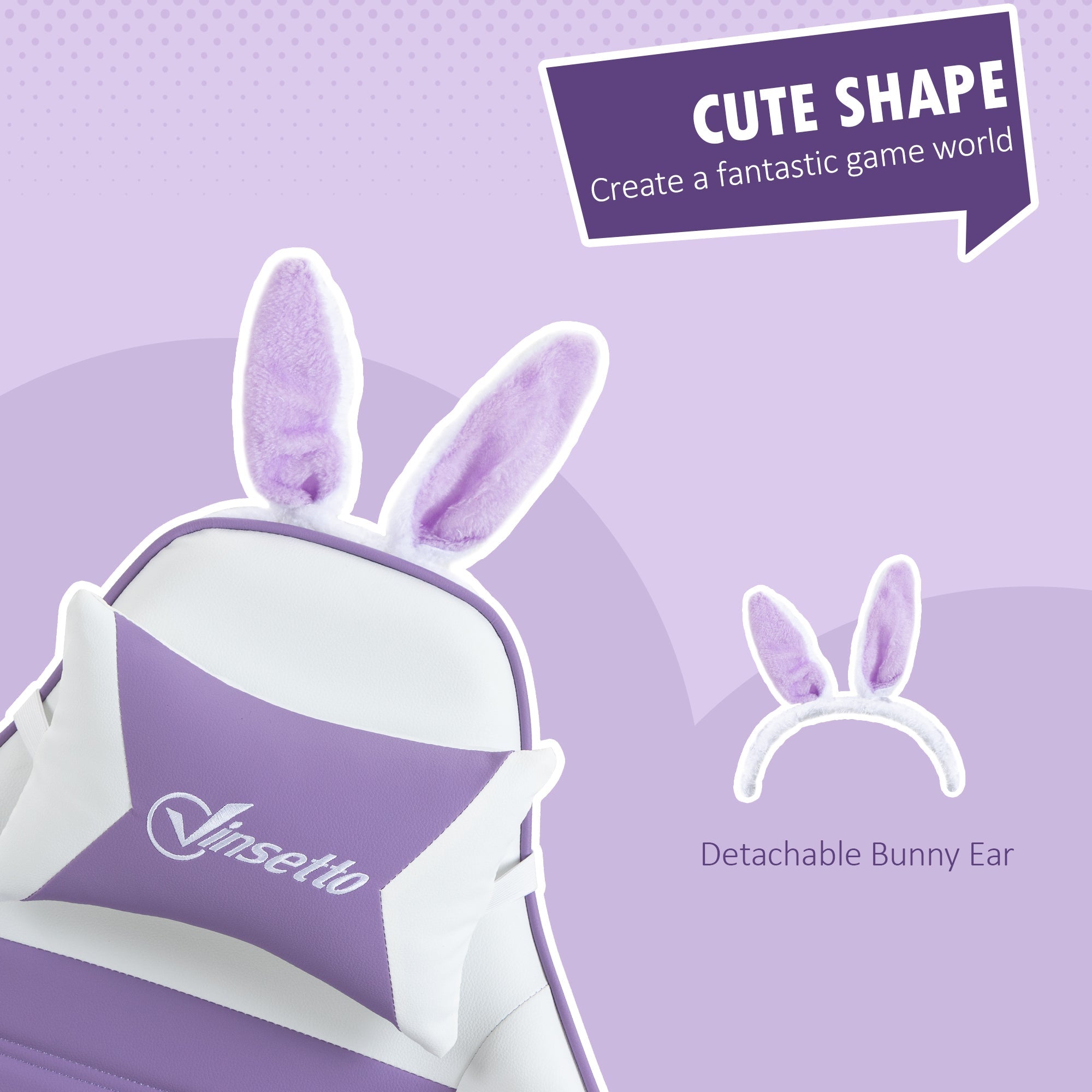 Racing Gaming Chair, Reclining with Removable Rabbit Ears, Footrest, and Headrest, PU Leather, Purple