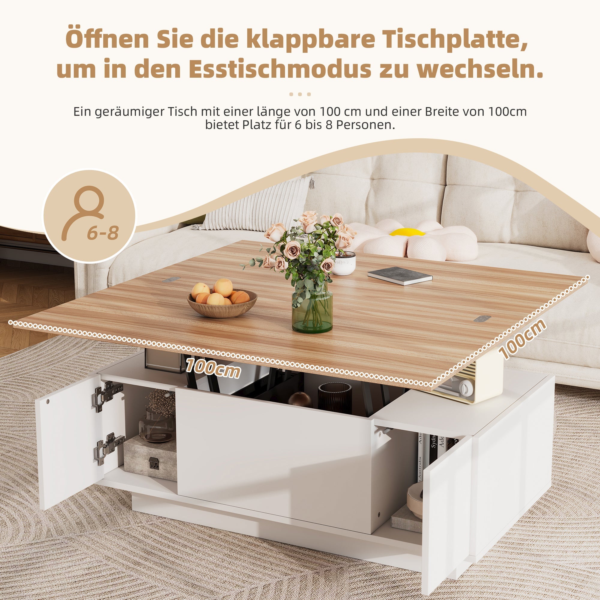 Coffee Table, Modern Double Lift Mechanism with Hidden Storage, 50kg Capacity