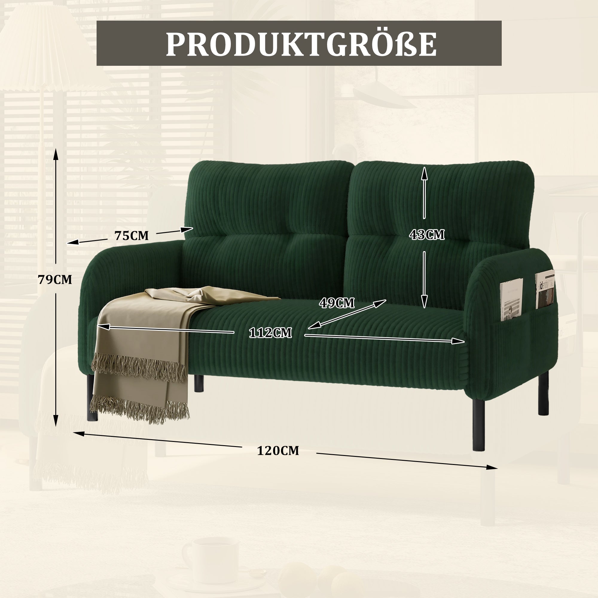 Two-Seater Sofa, Comfort Padding High Backrest Side Pockets Metal Feet, Corduroy