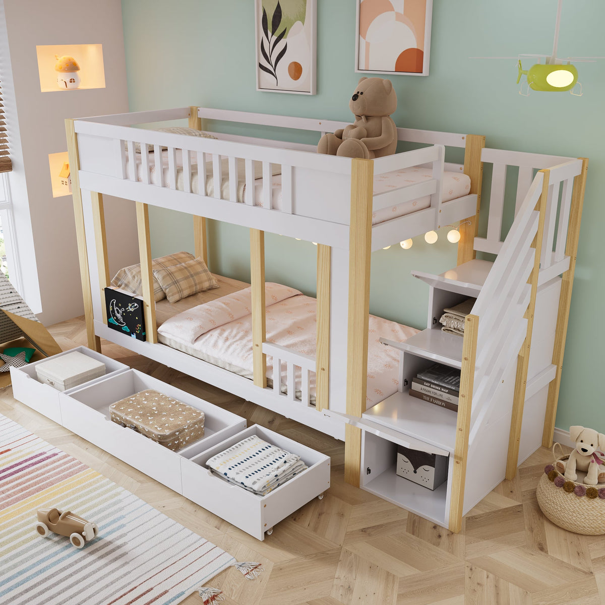 Children's Bunk Bed Storage Stairs Drawers Chalkboard 90x200cm, Pine MDF White/Natural