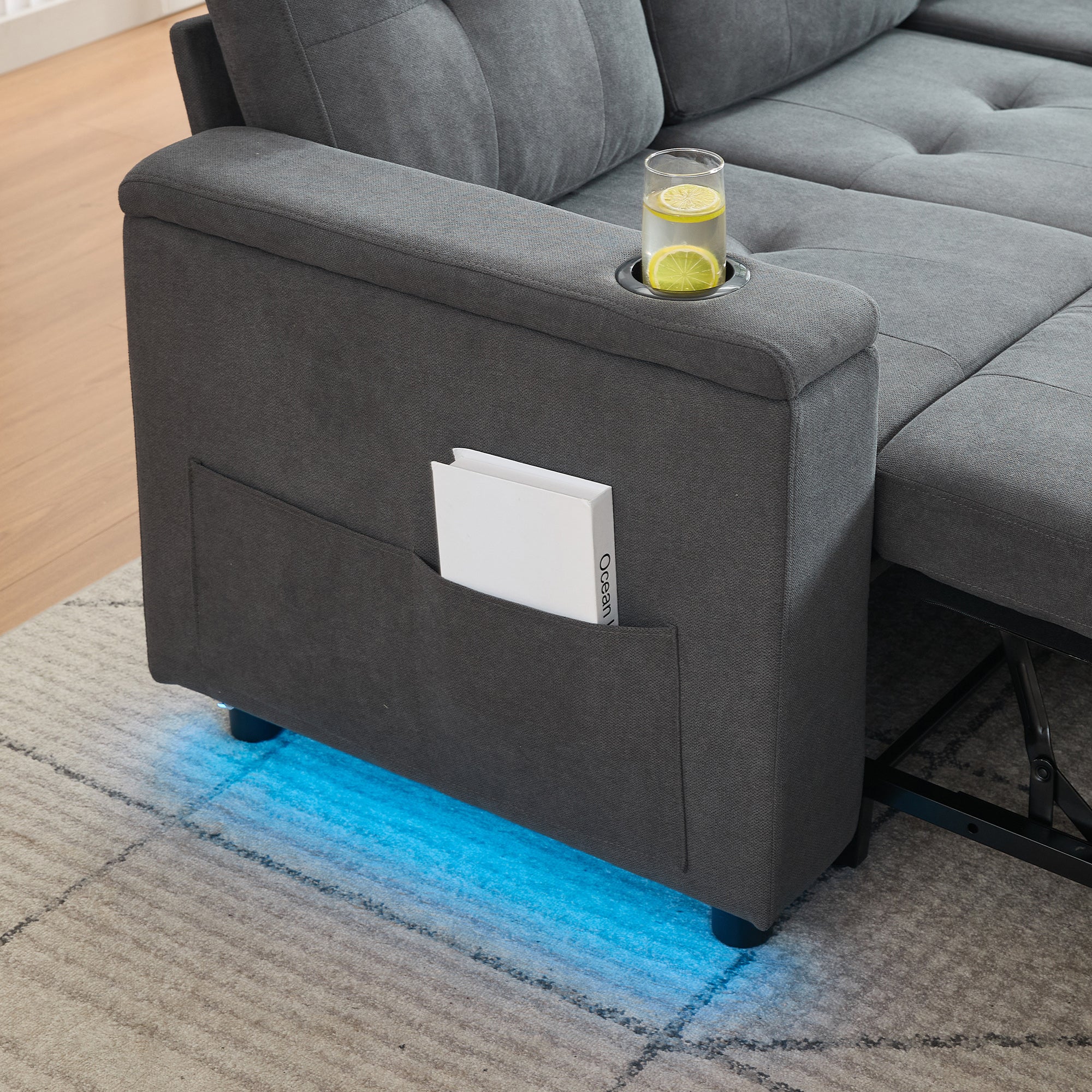 Treviso L-Shaped Sofa Bed with LED Lighting and Storage, Grey