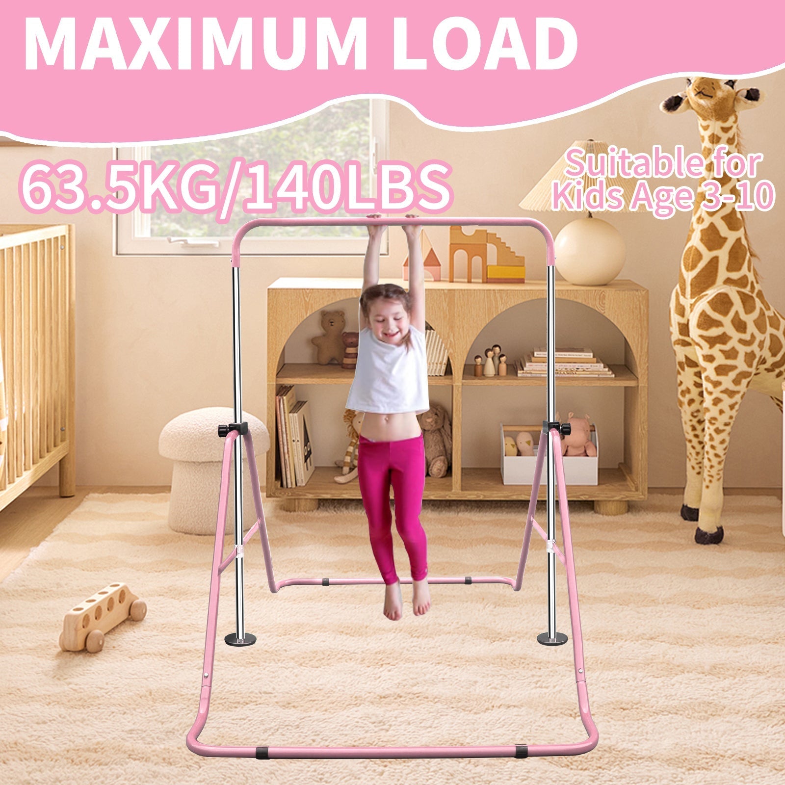 Expandable Gymnastics Bar - Height Adjustable Junior Training, Folding - Pink