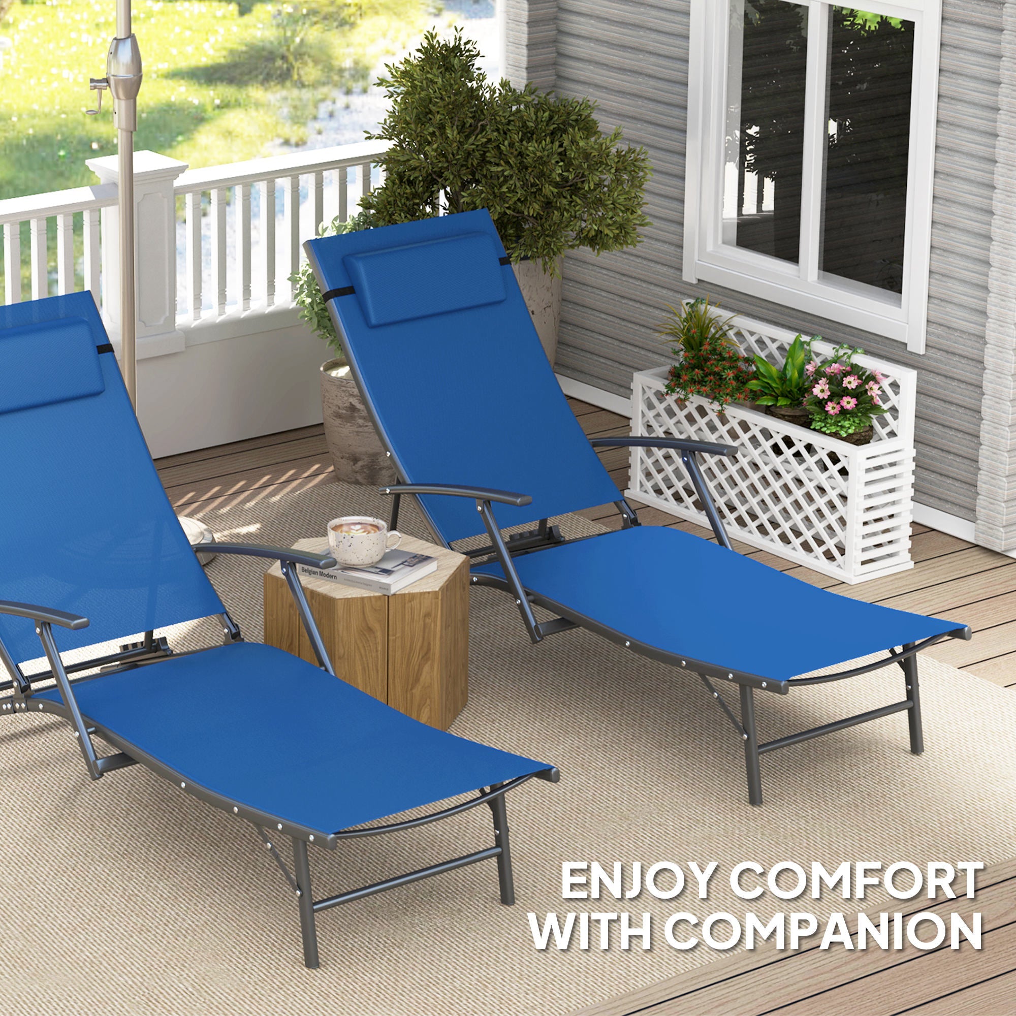 Set of Two Sun Loungers, Adjustable Back, Blue