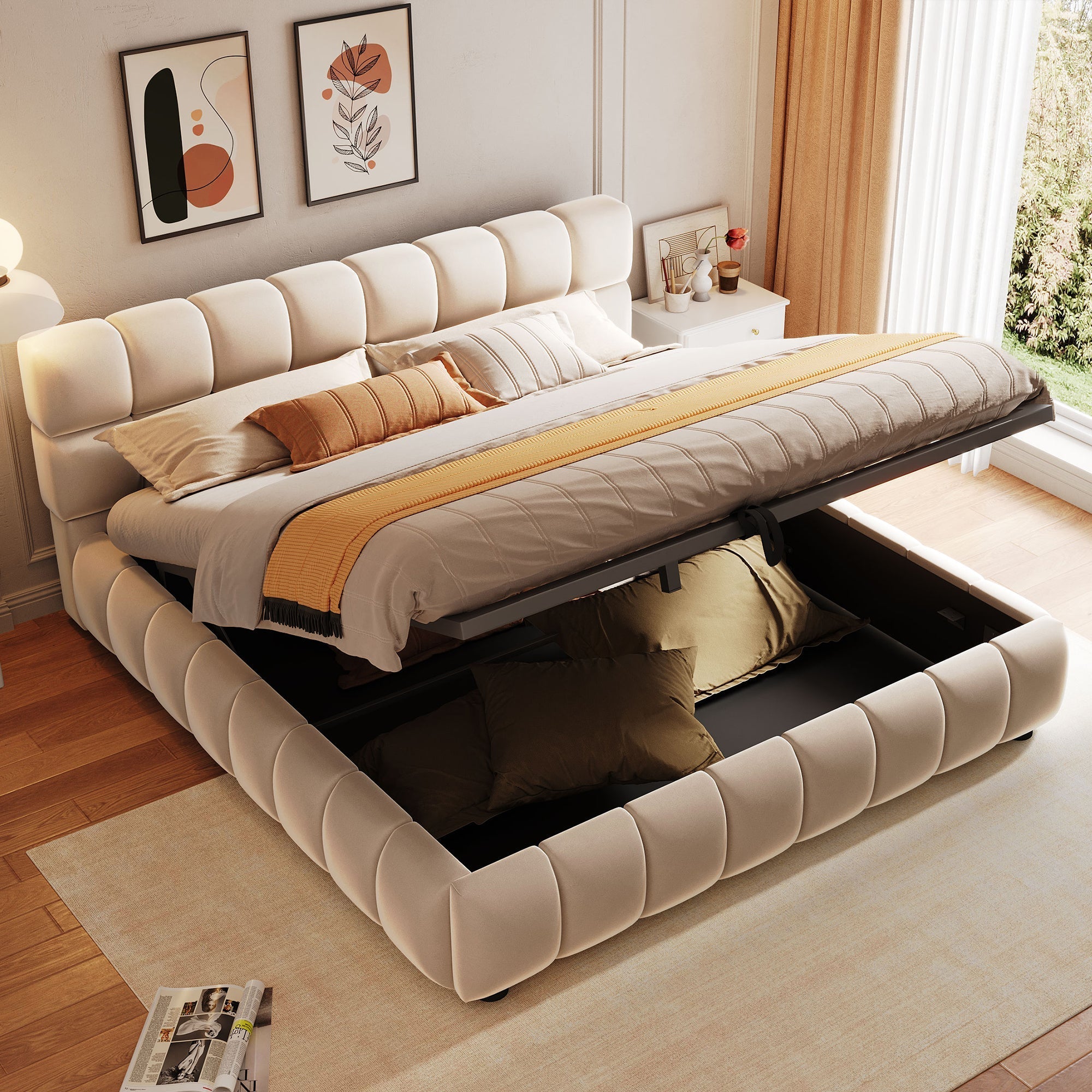 Upholstered Bed 140x200cm Hydraulic Storage, Velvet Beige