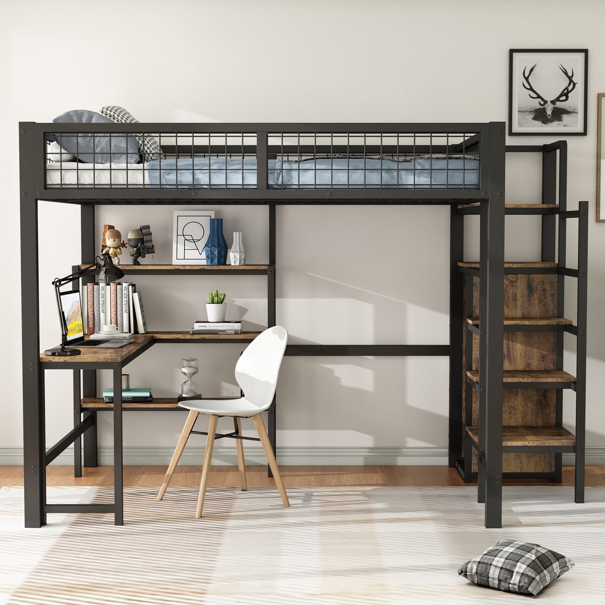 Loft Bed 140x200cm Iron Frame with Storage Ladder Shelves Wardrobe Desk Black