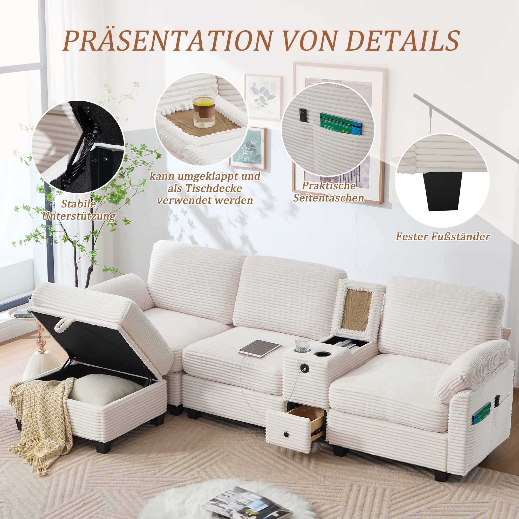 Sofa with Console, USB-C Port, Drawer & Movable Ottoman - Corduroy