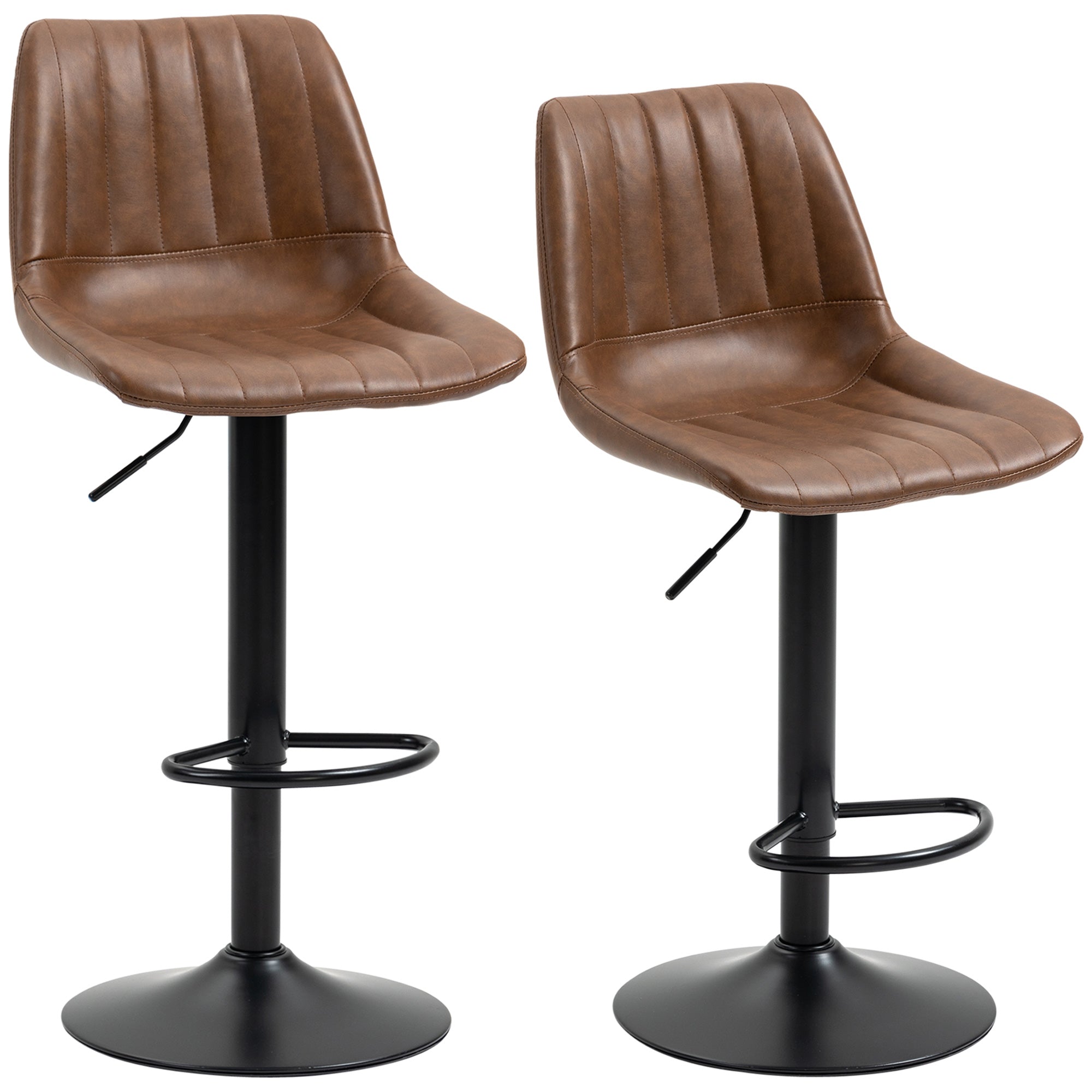 Bar Stools Set of 2, Height-Adjustable Foot Ring, Faux Leather Brown/Steel