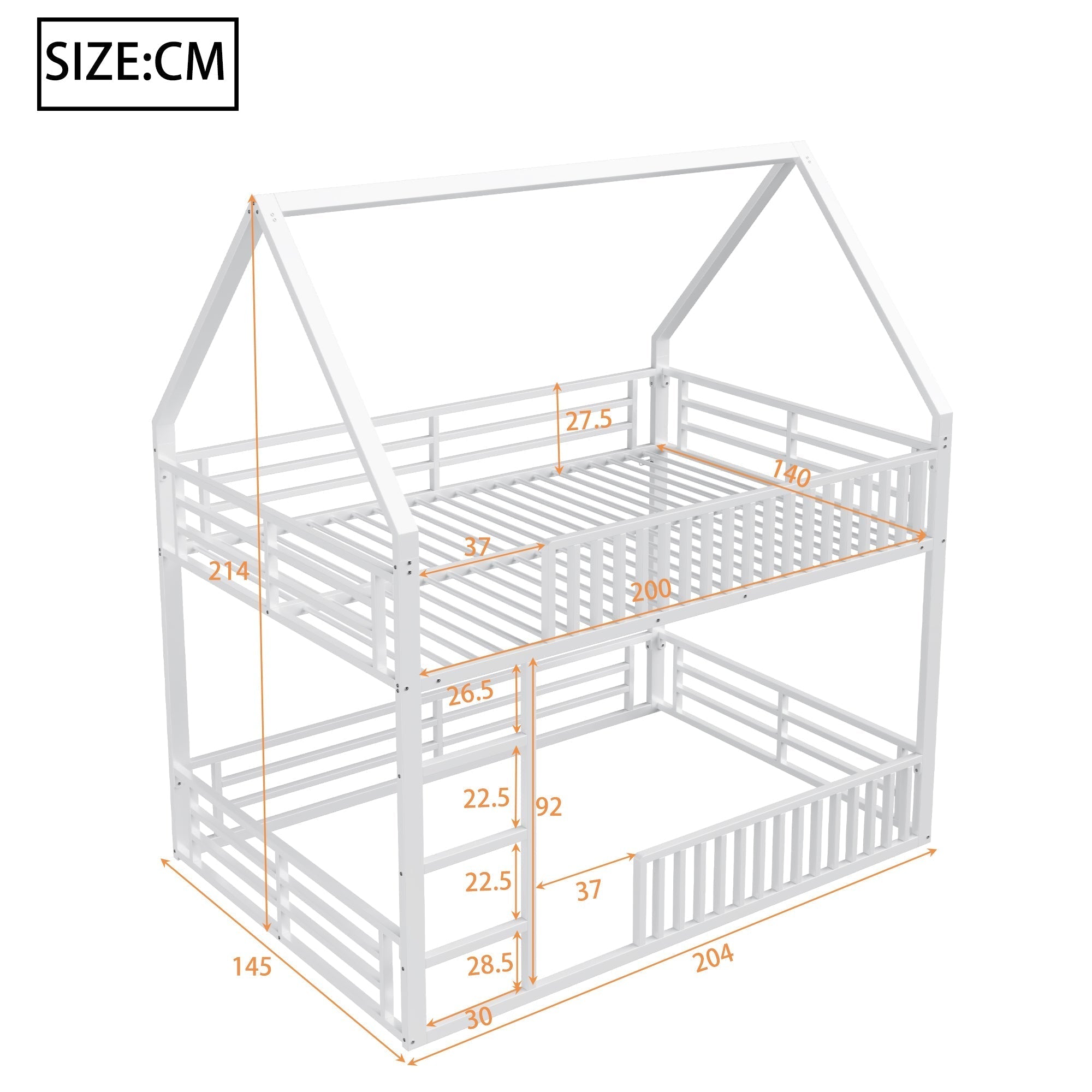 House-Shaped Bunk Bed with Fence and LED Light, 140x200cm, White