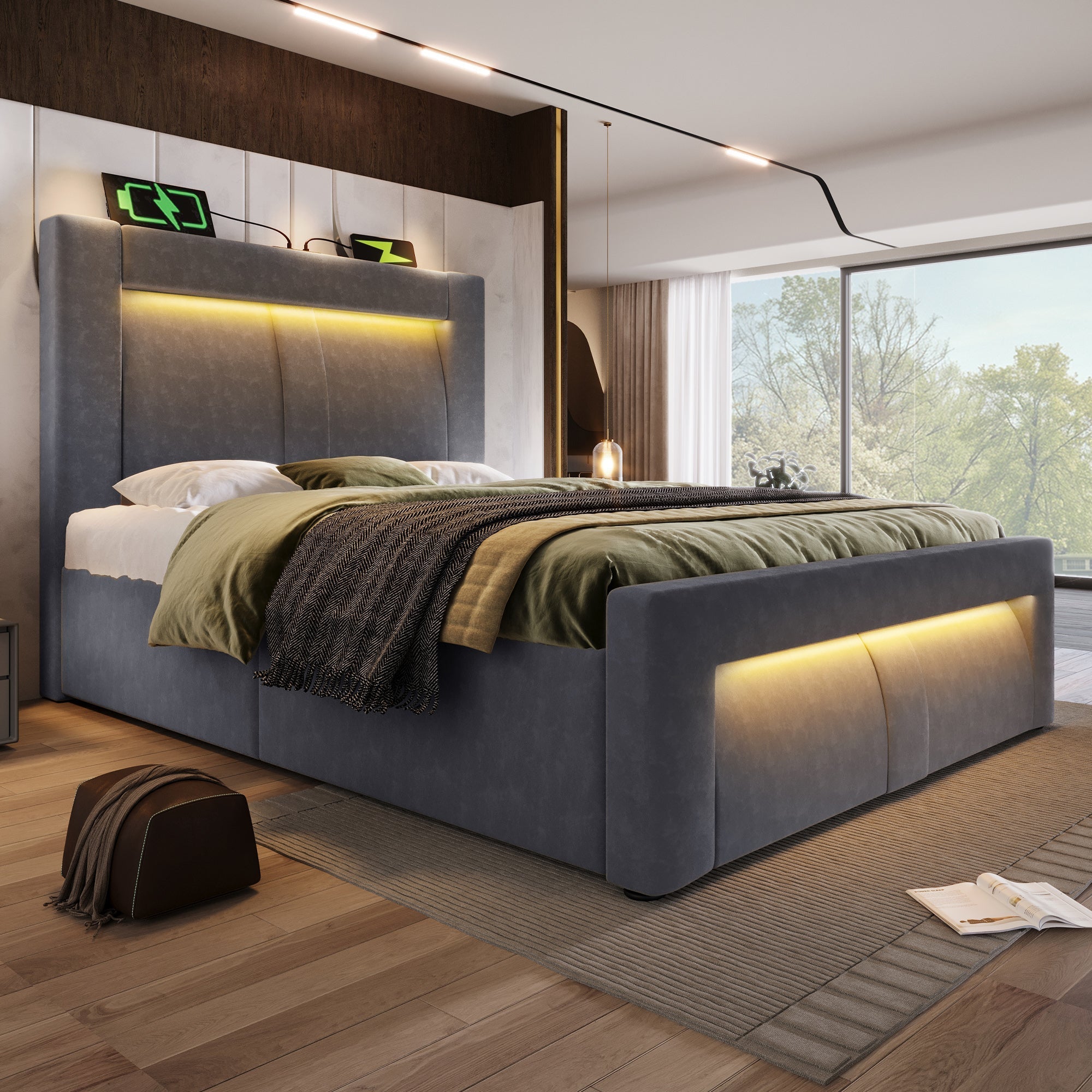 Single Hydraulic Bed 90x200 cm with LED, Storage, Charging Ports and Mattress, Grey Velvet