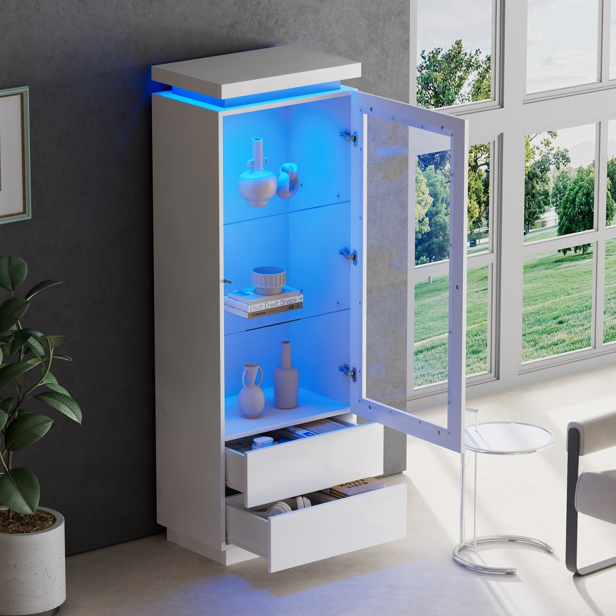 Display Cabinet 60x40x171cm Tall Glass LED 2 Drawers, High-Gloss White