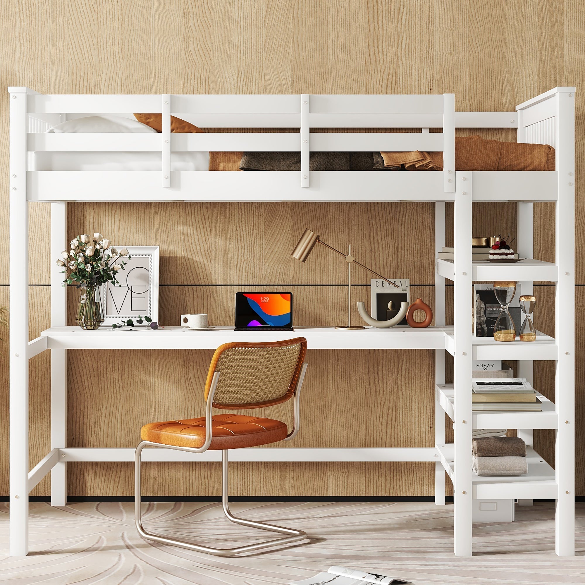 Loft Bed 90x200cm Storage Under-Bed Desk - White