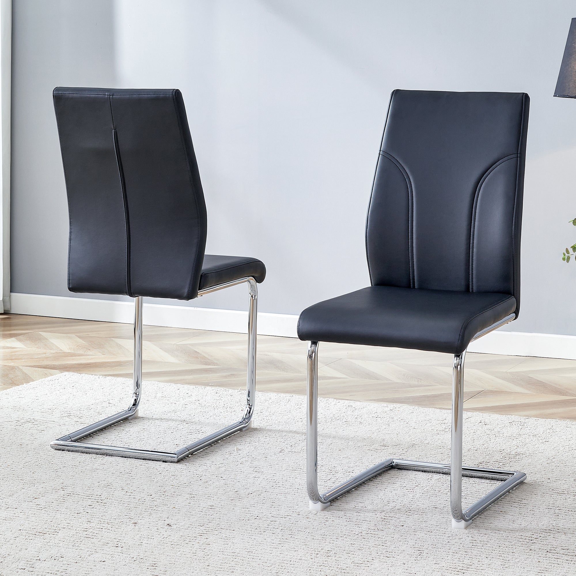 Dining Chairs, Set of 2, Silver Metal Legs, Black PU
