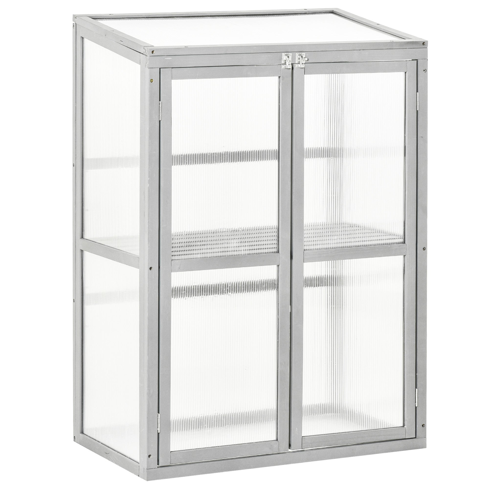 Wooden Cold Frame Greenhouse with Adjustable Shelf and Double Doors, Light Grey