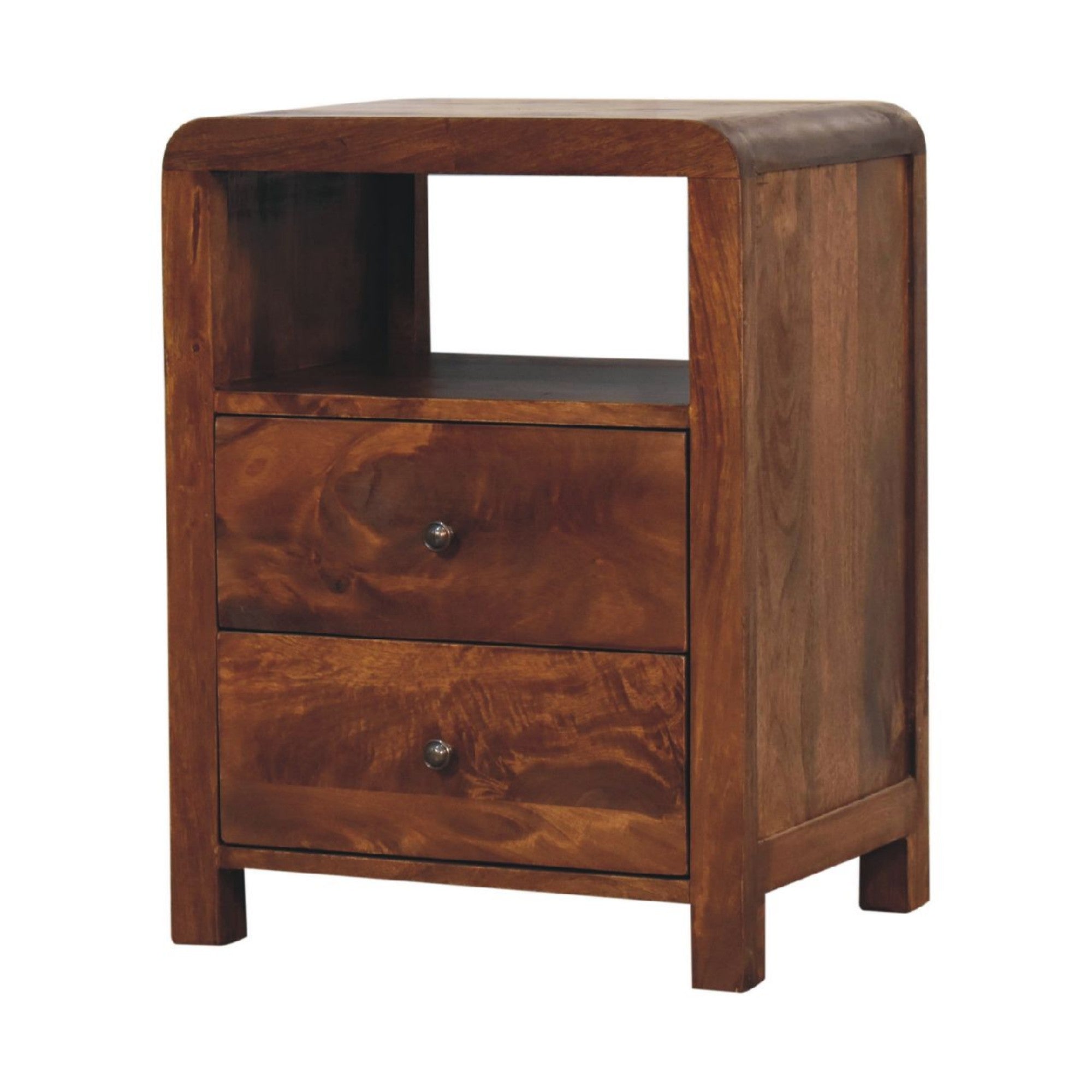 Solid Wood Aspen Bedside: 2 Drawers, 1 Open Slot - Dark Brown