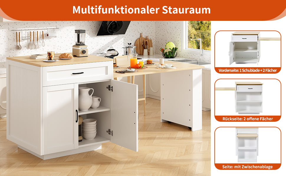 Extendable Bar Table 133-202cm with Storage, 2 Drawers & Side Shelves - White