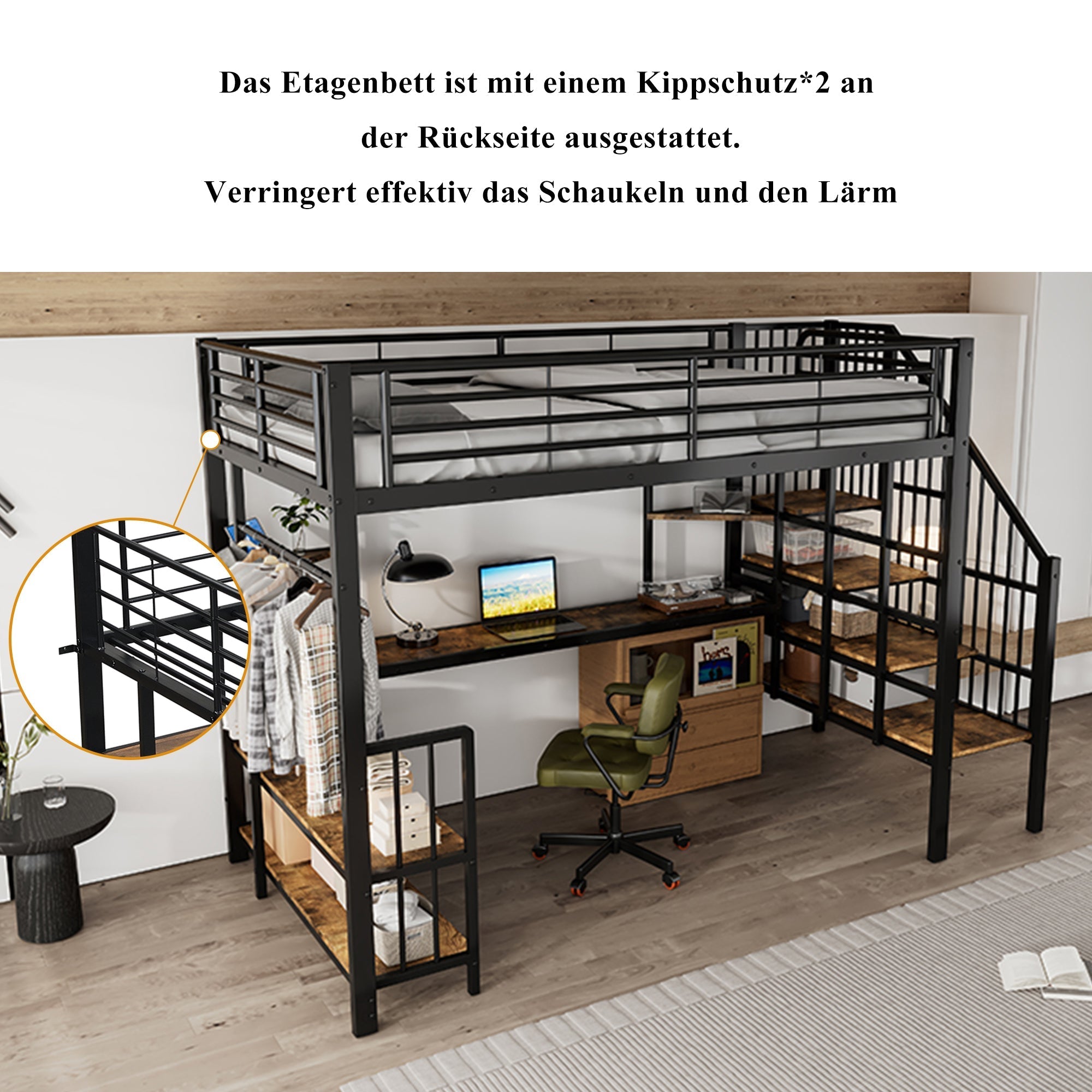 Iron Bed, Loft with Side Ladder & Charging Port, Black Iron + MDF
