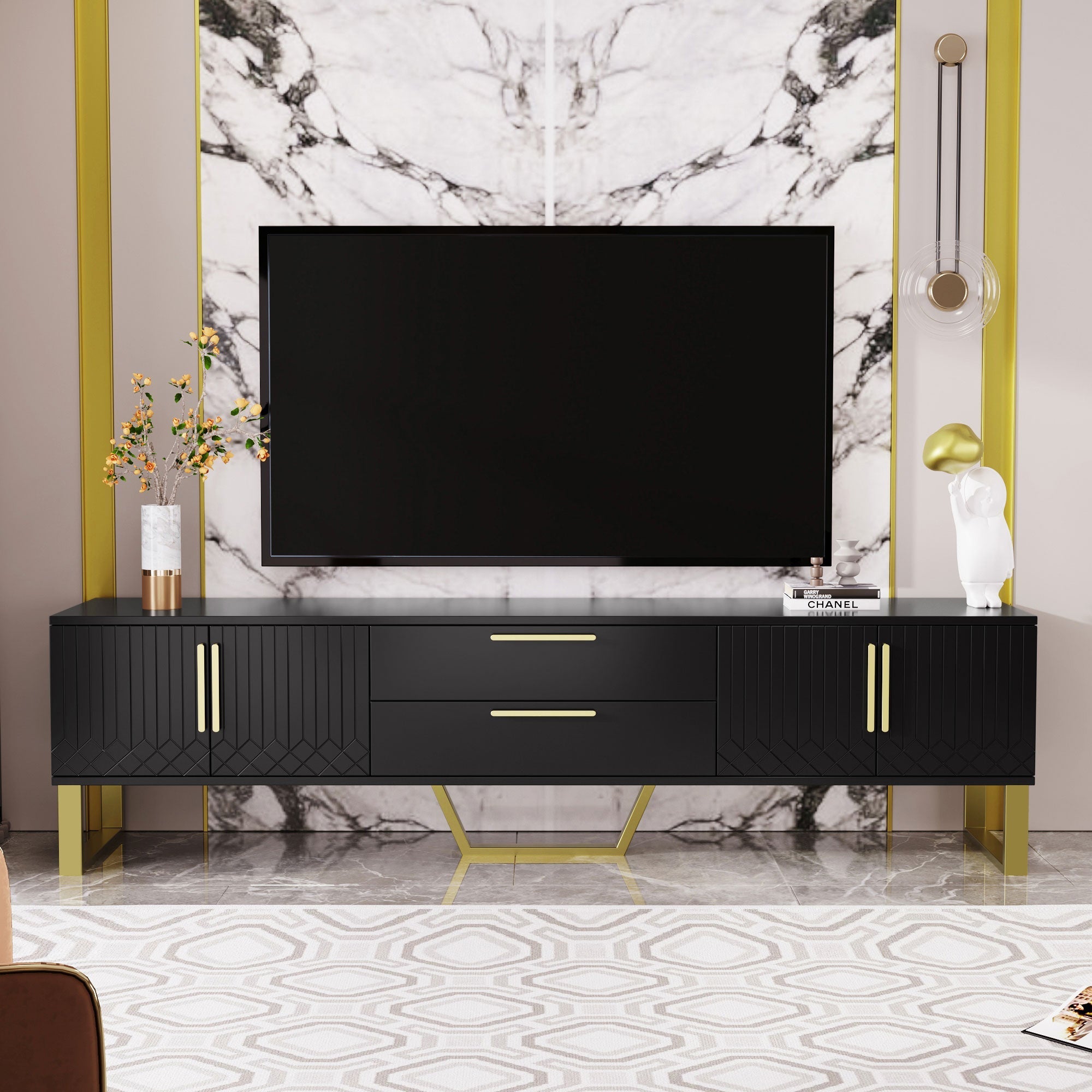 TV Cabinet High-Gloss Engraved Door Storage Gold Handles/Feet