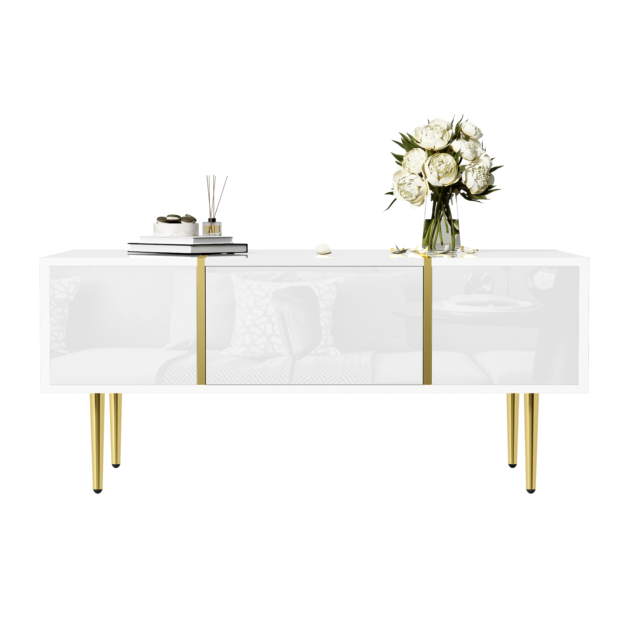White Coffee Table, High Gloss Modern with 2 Drawers