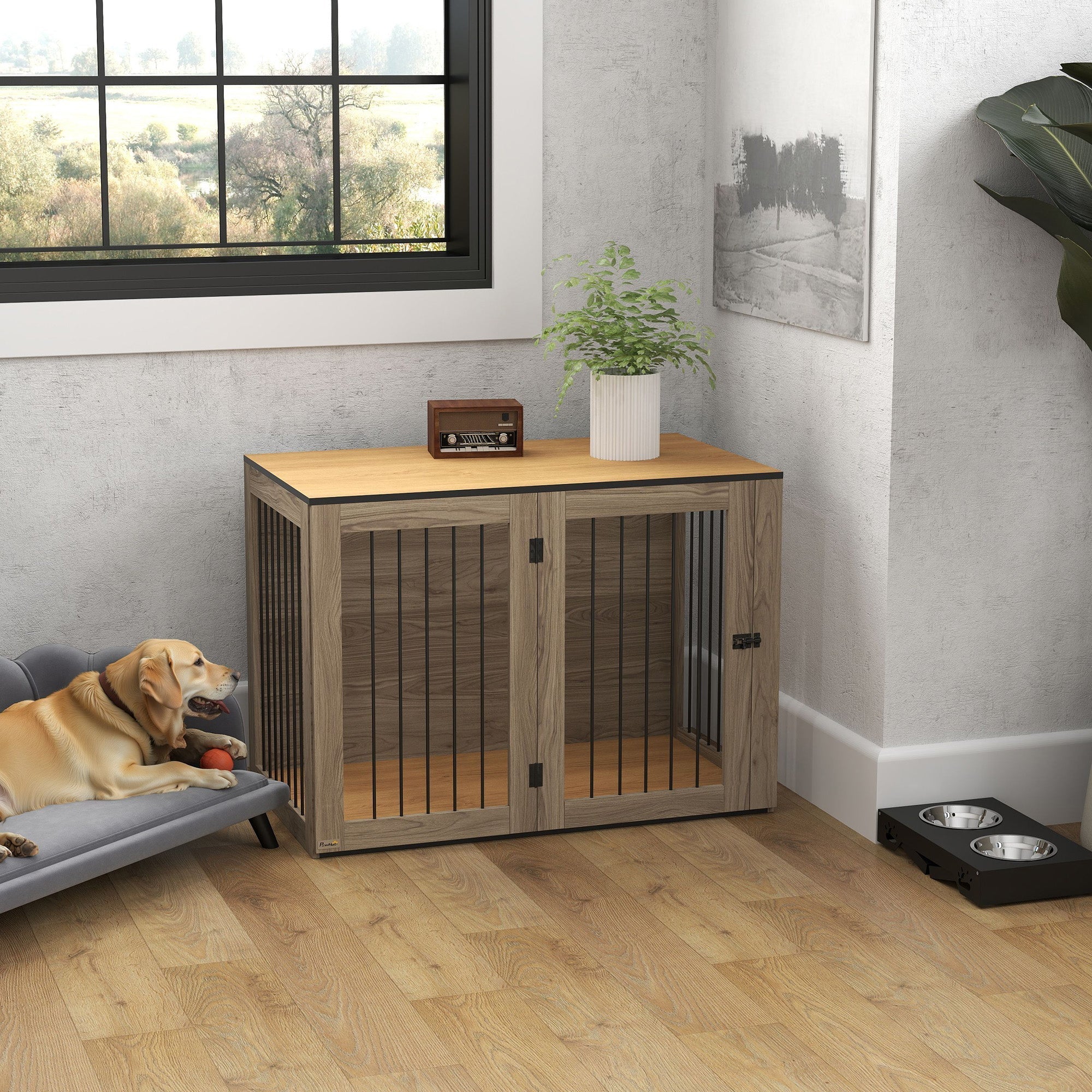 Hundekäfig-Möbel, Box mit Tür und Fenster, Eiche