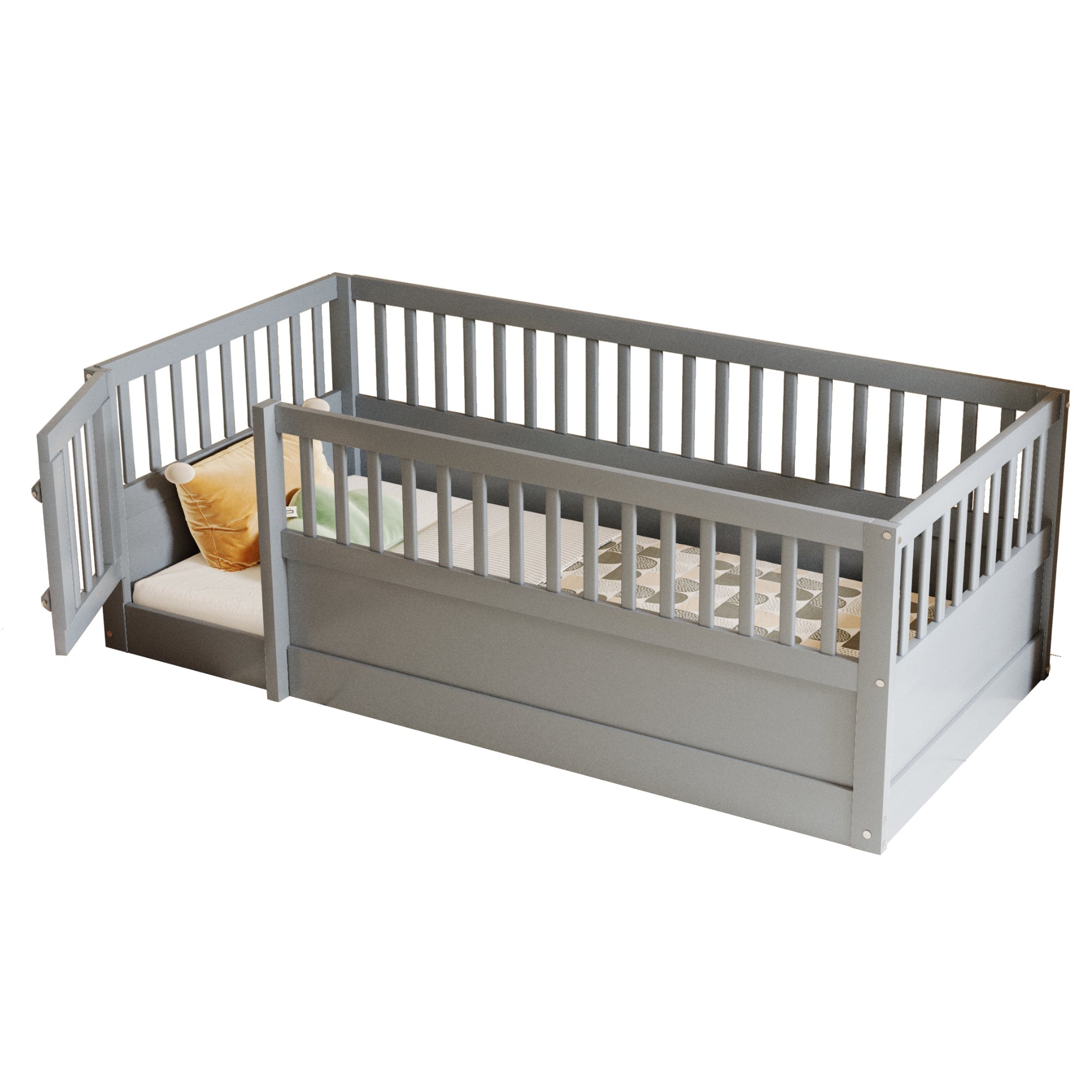 Children's Bed 90x200cm with Railing and Door, Wood, Grey