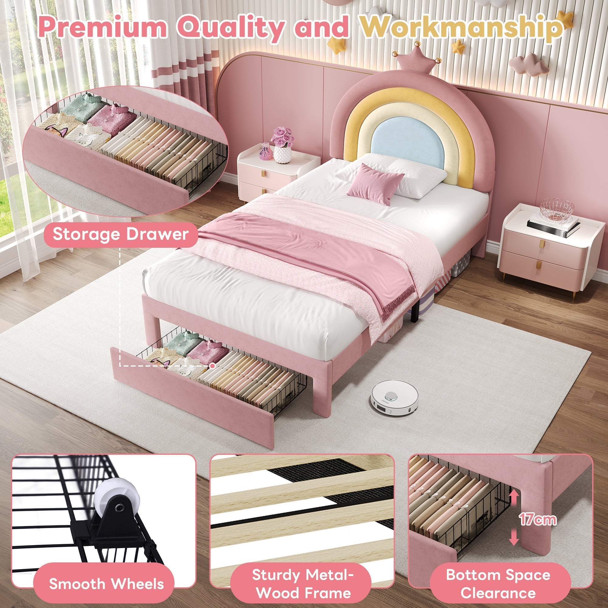 3ft Single Upholstered Bed with Adjustable Rainbow Headboard, Soft Velvet Bed Frame with Storage Drawer, Pink