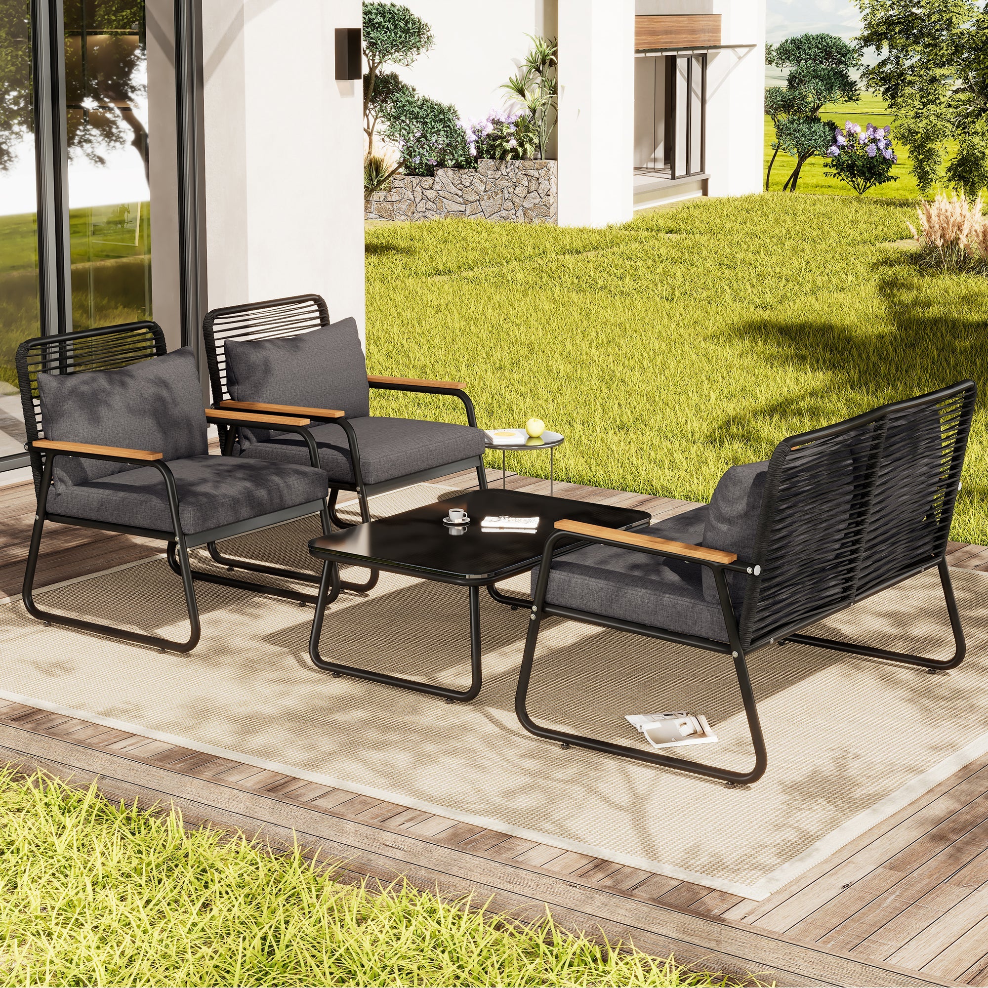 Garden Lounge Set Sofa & Table for 4 Galvanized Iron Tempered Glass - Black