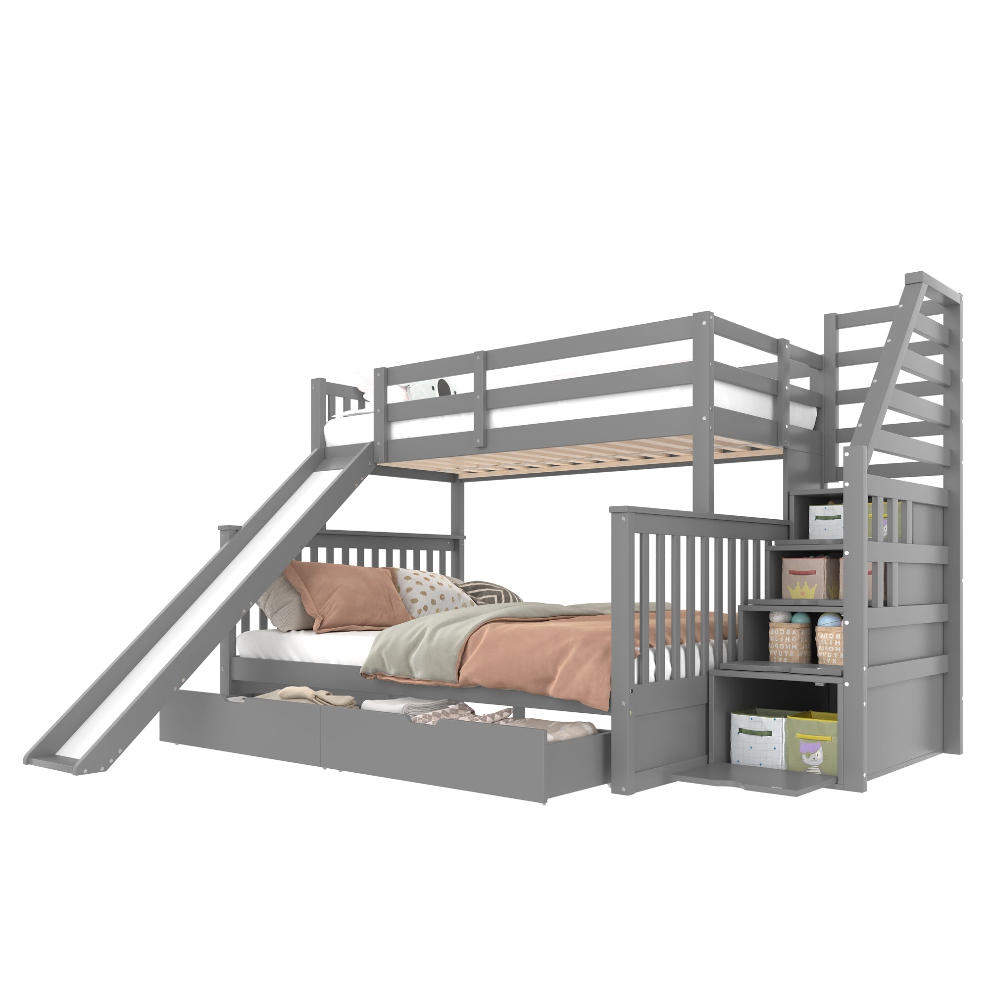 Bunk Bed 90x200 Over 140x200 With Storage Drawers & Slide Grey