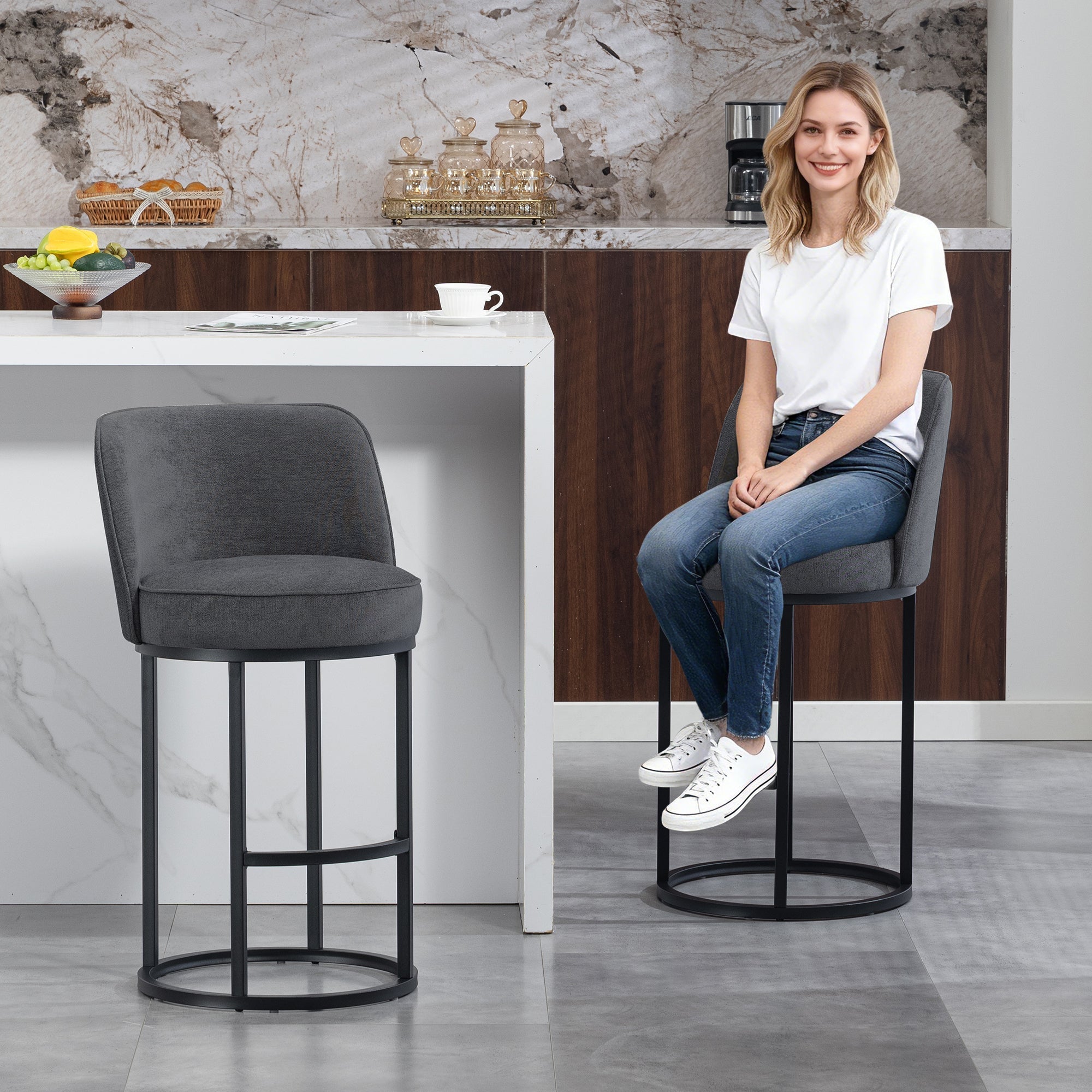 Modern Bar Stools Duo Set with Upholstered Seat and Metal Legs, Linen Upholstery