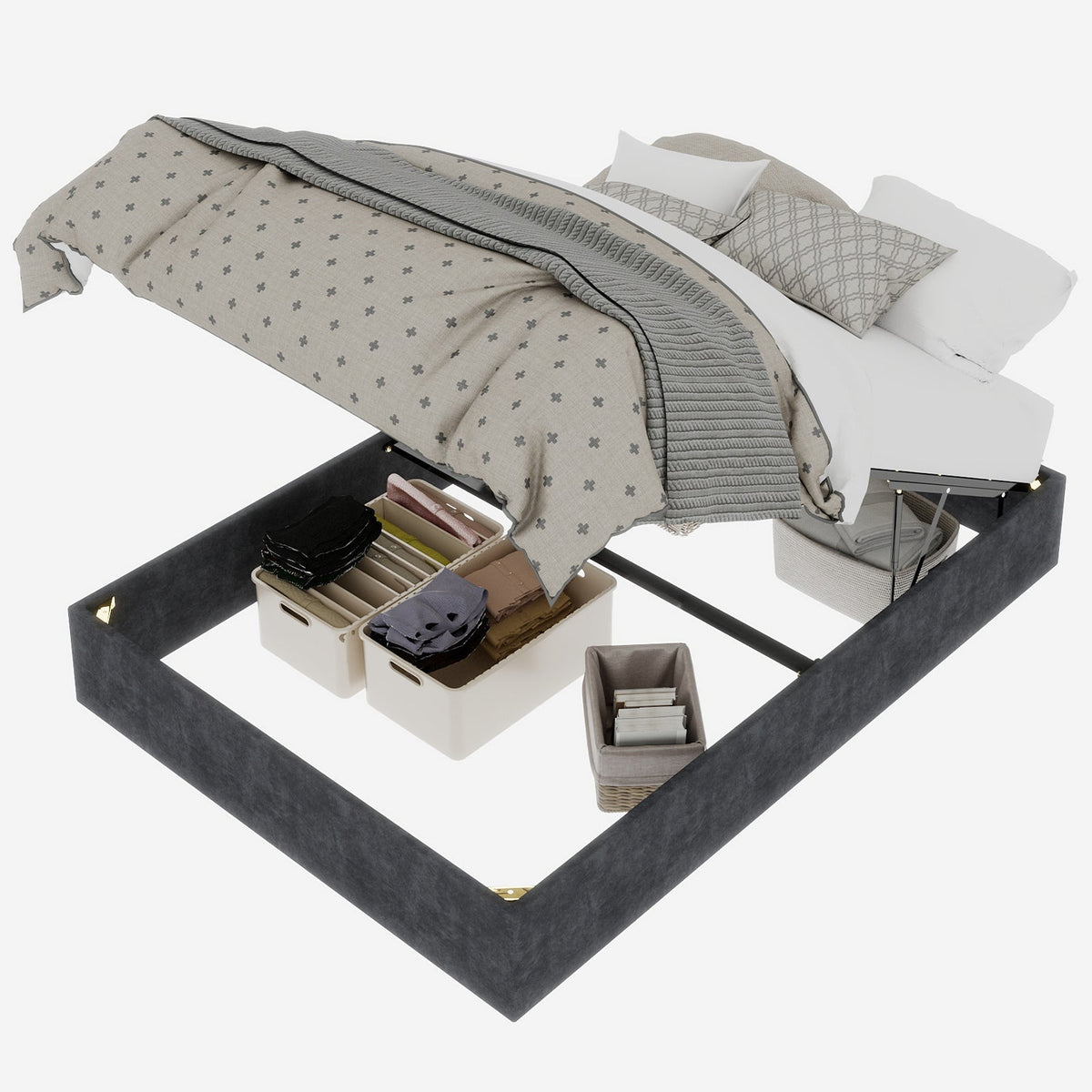 Bed Frame 160x200cm Gas Lift Storage - Dutch Velvet Grey