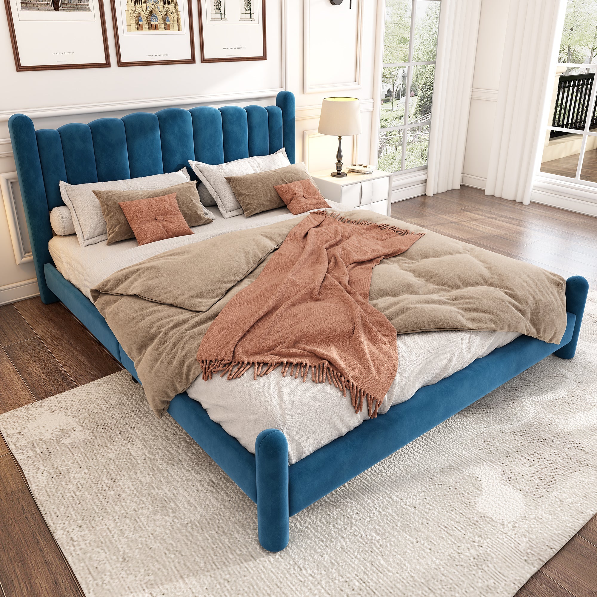 Upholstered Bed with Fan-Shaped Headboard and Slatted Base, 160x200cm, Blue Velvet